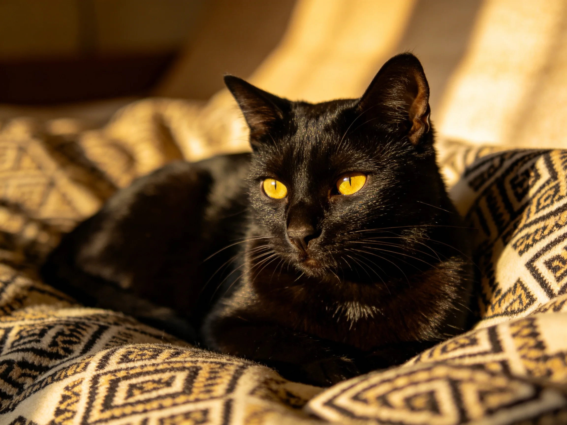 A black cat with yellow eyes relaxes on a patterned fabric