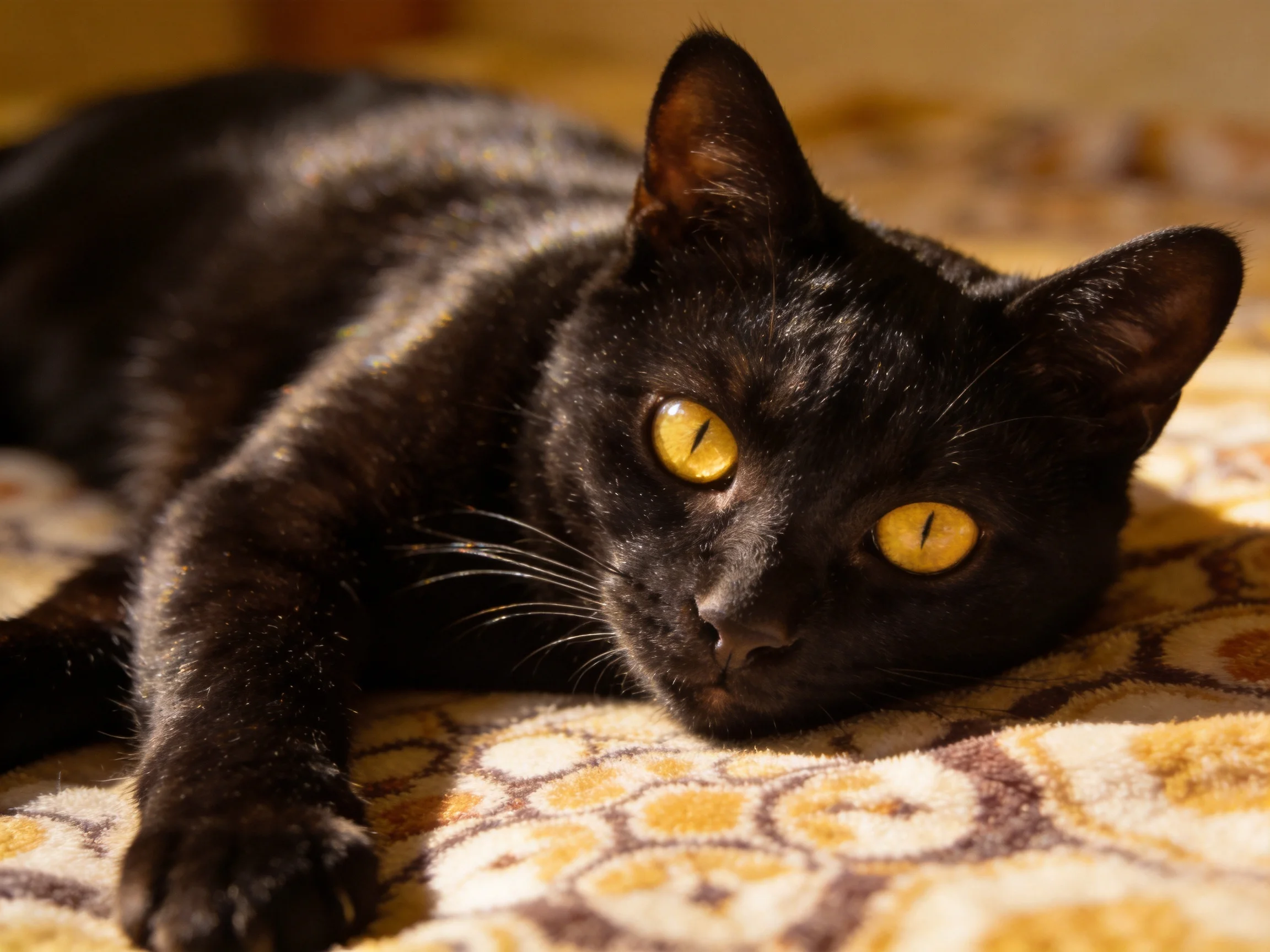 A black cat with bright yellow eyes relaxes on a patterned fabric.