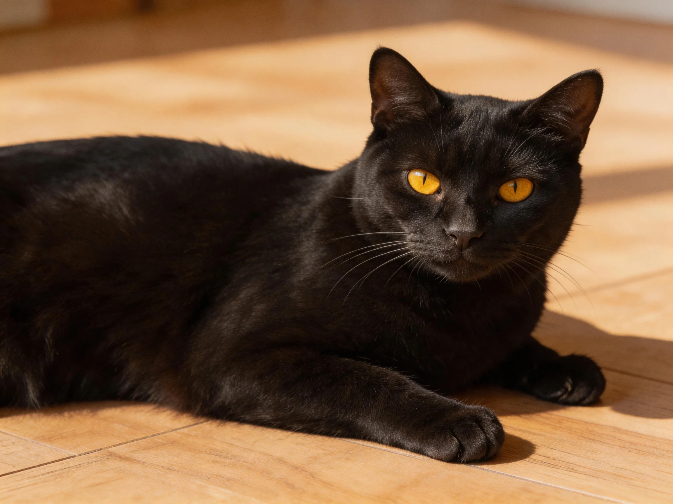 A black cat with yellow eyes relaxes on a wooden surface