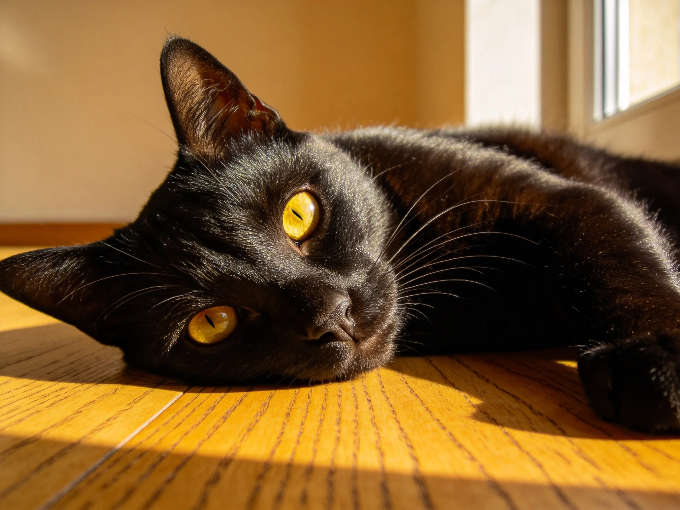A black cat with yellow eyes relaxes on a sunlit wooden floor.