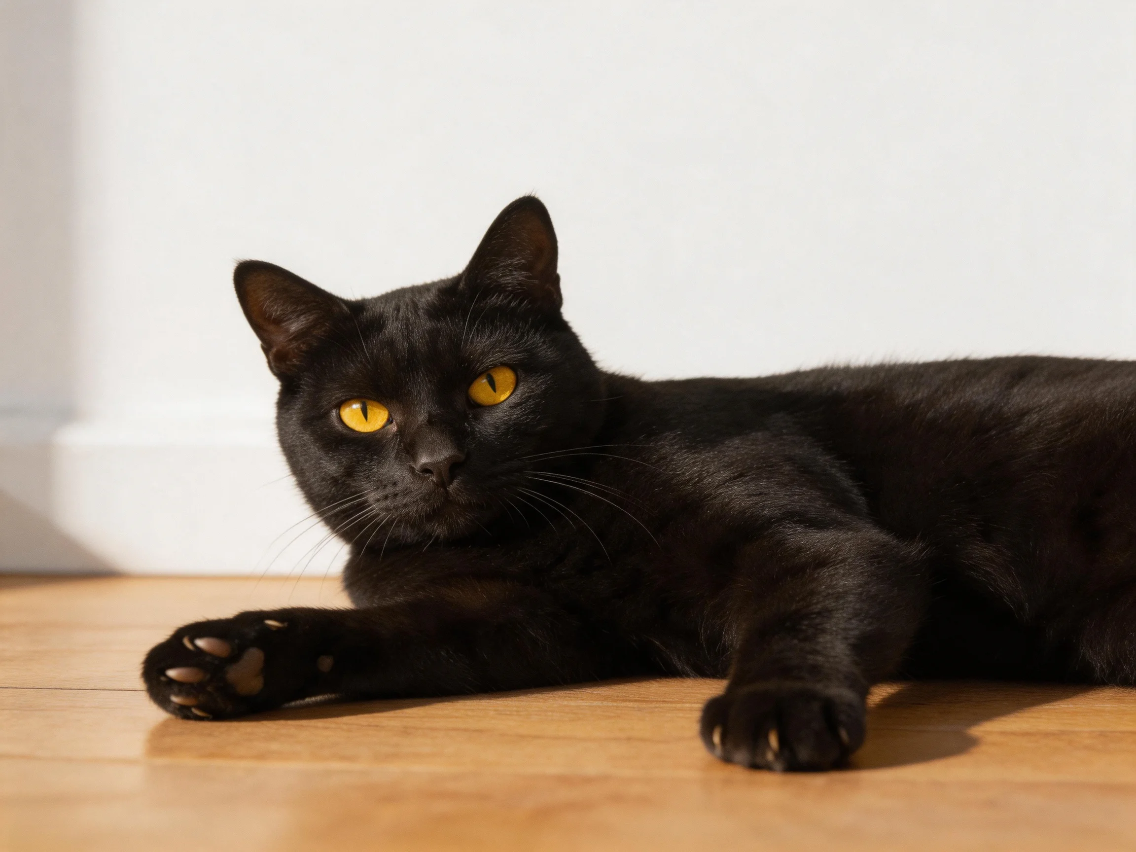A black cat with yellow eyes lies calmly on a wooden surface.