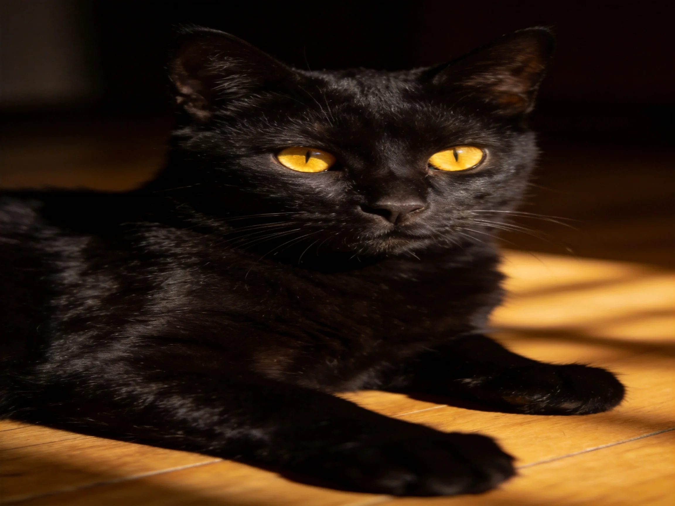 A black cat with bright yellow eyes rests on a wooden surface.