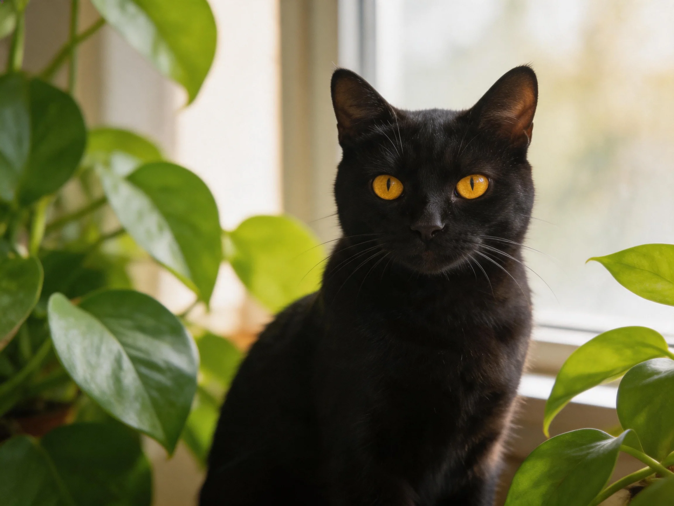 A black cat with yellow eyes rests near green plants beside a sunlit window