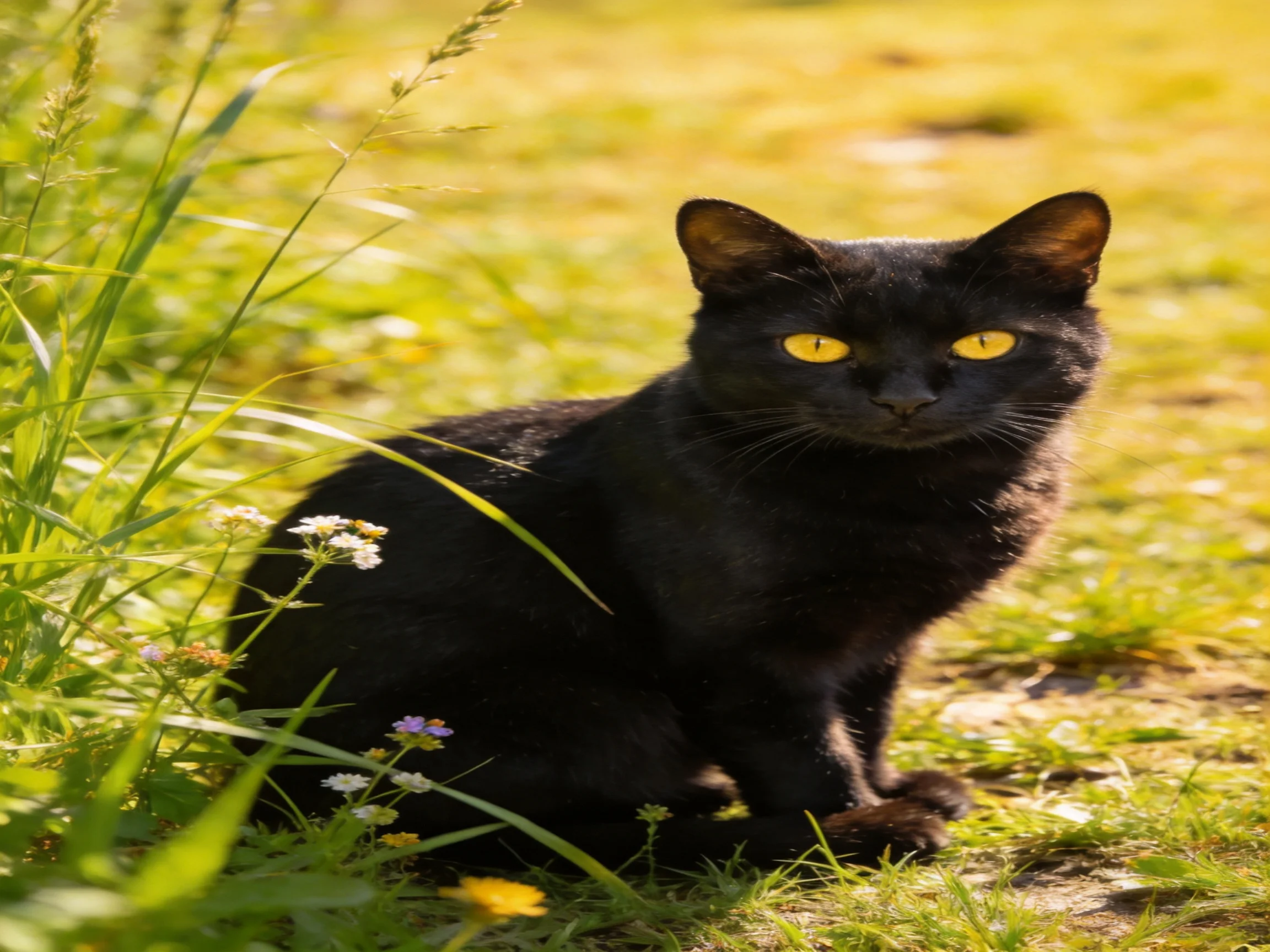 A black cat with yellow eyes rests in a sunlit grassy area.
