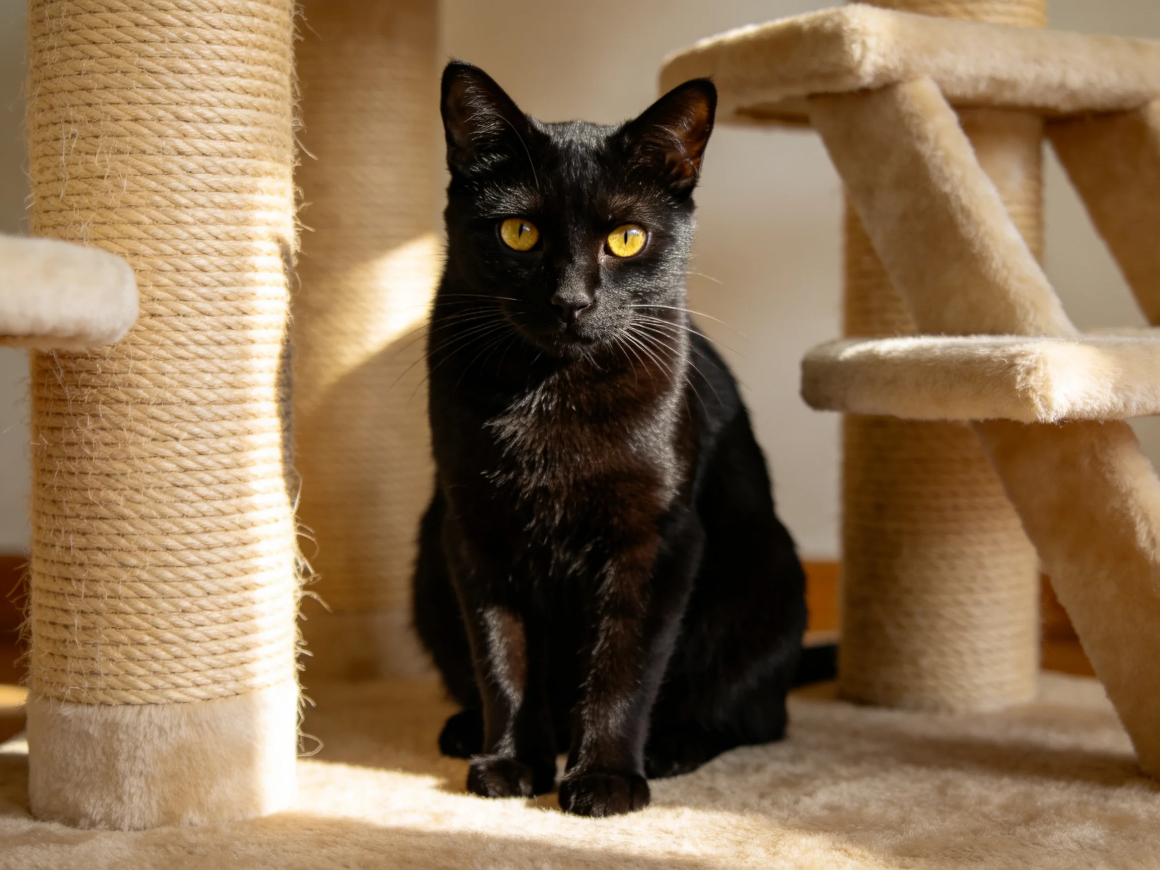 A sleek black cat with bright yellow eyes sits by beige scratching posts