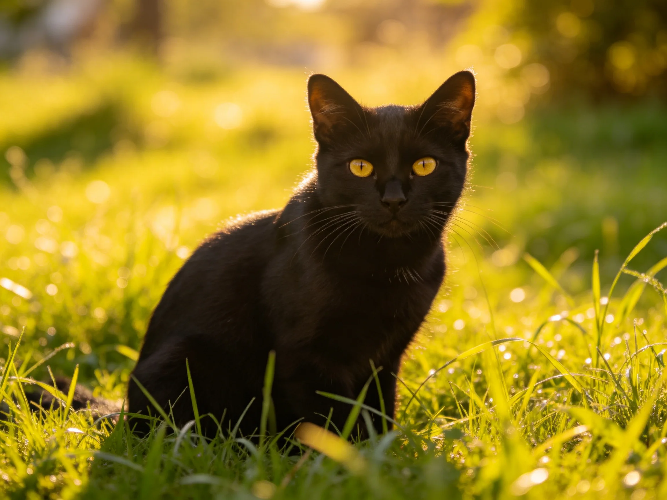 A black cat with yellow eyes sits calmly in sunlit grass.