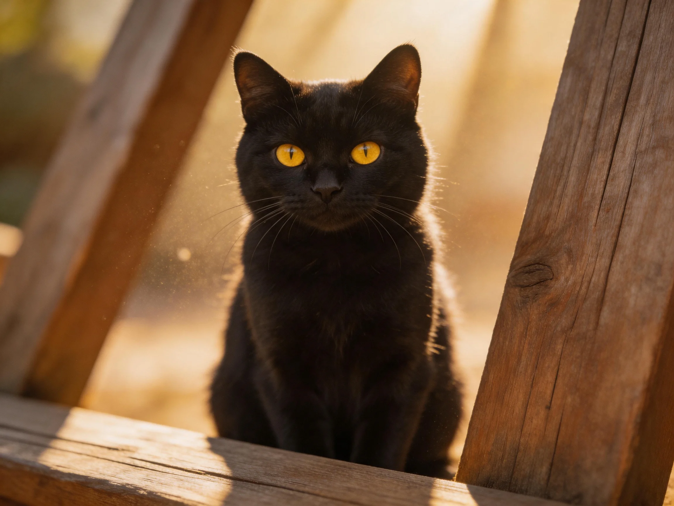 A black cat with vivid yellow eyes rests near wooden structures in warm light.