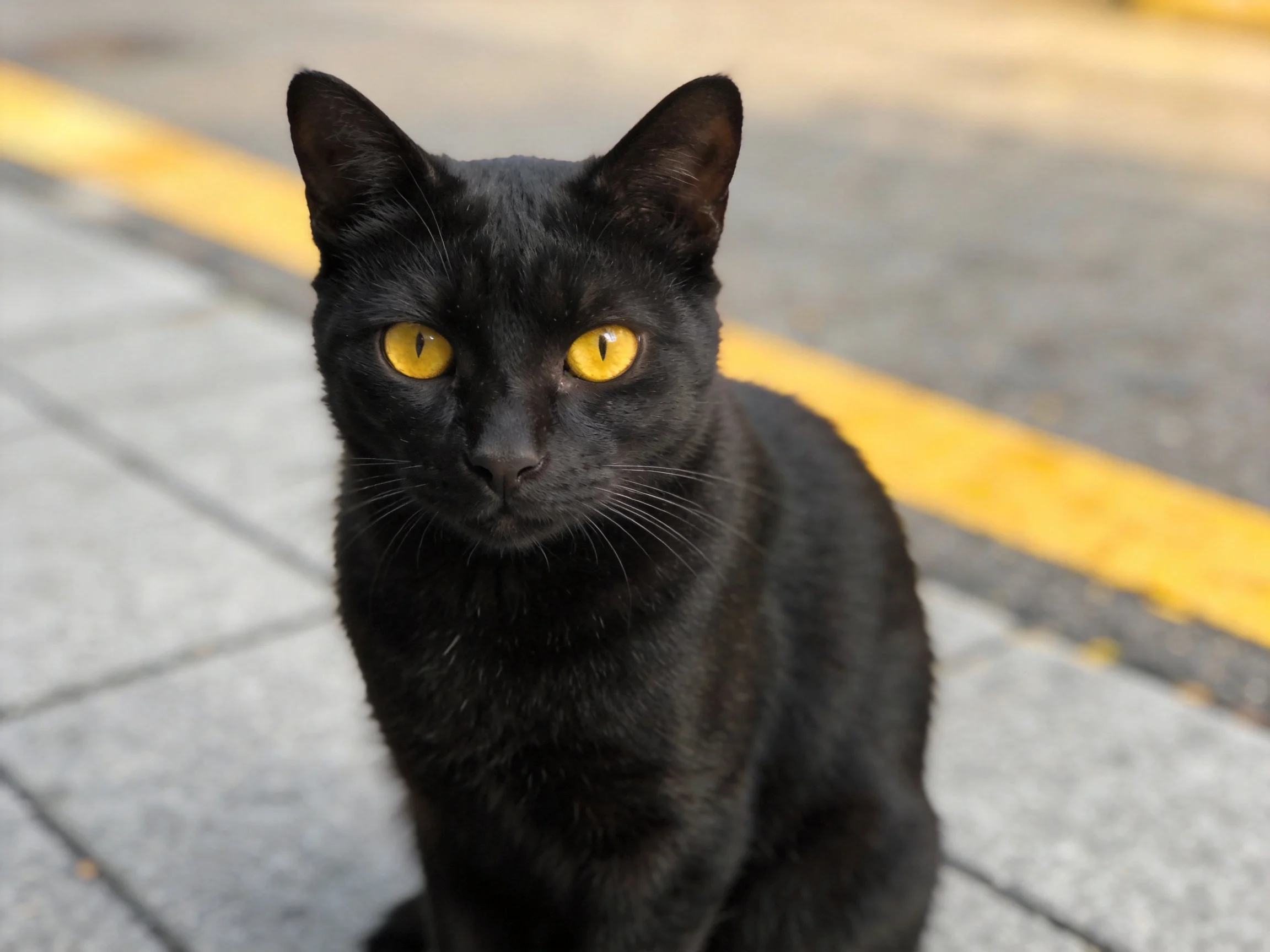 A black cat with vivid yellow eyes rests on a sidewalk beside a road