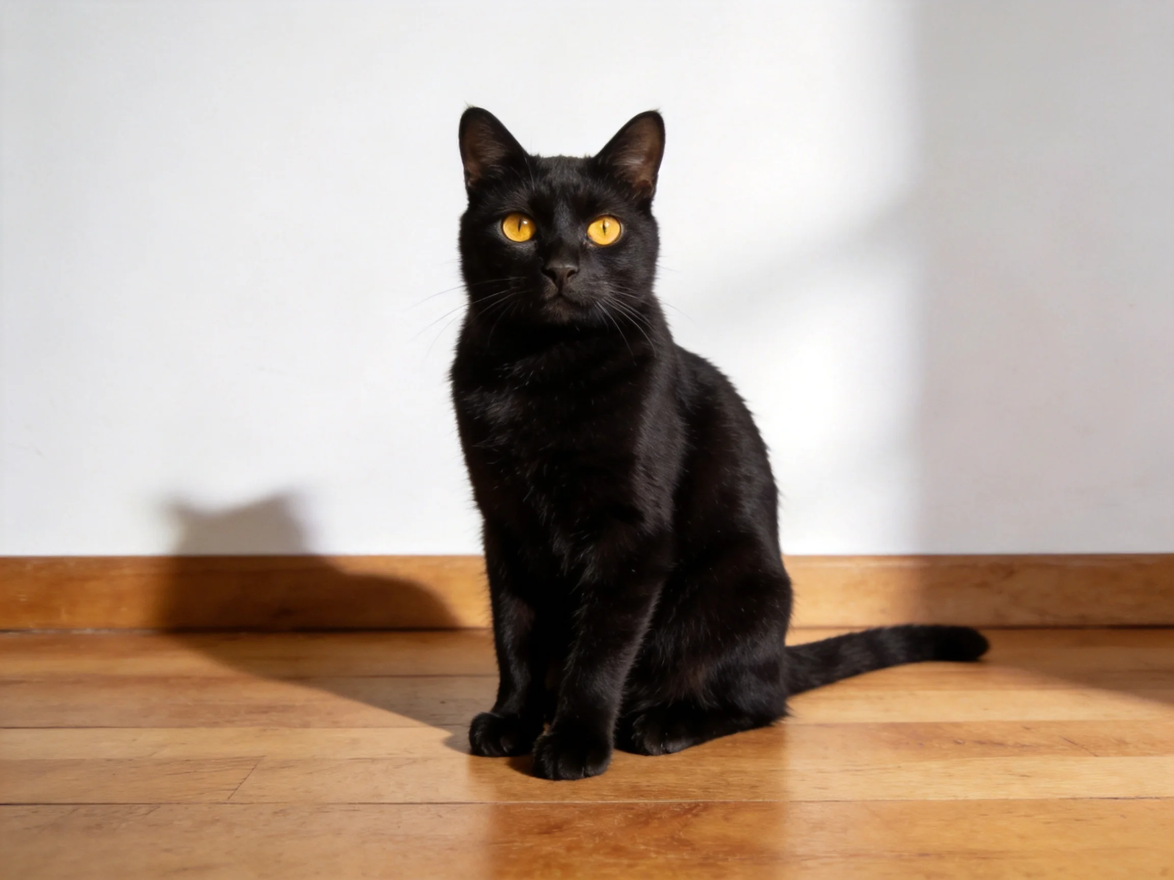 A sleek black cat with yellow eyes sits on a wooden floor near a white wall.