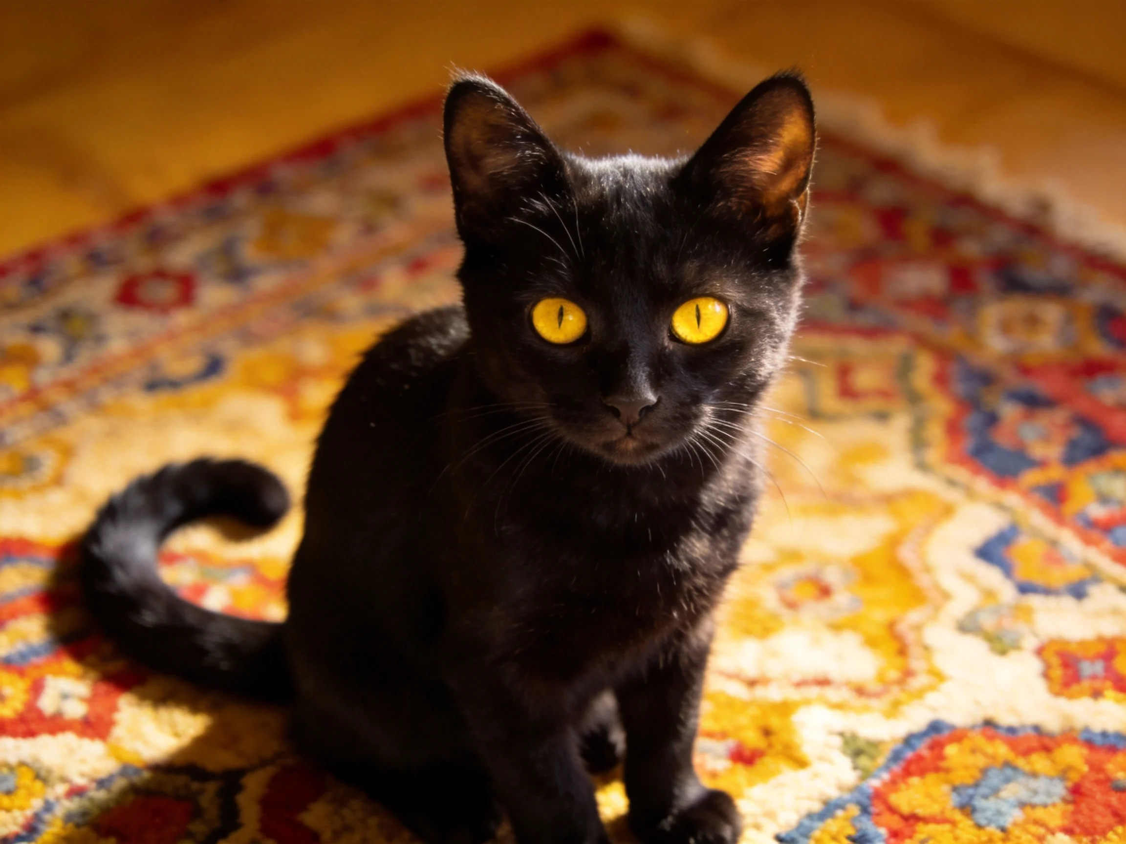 A black cat with yellow eyes rests on a colorful indoor rug.