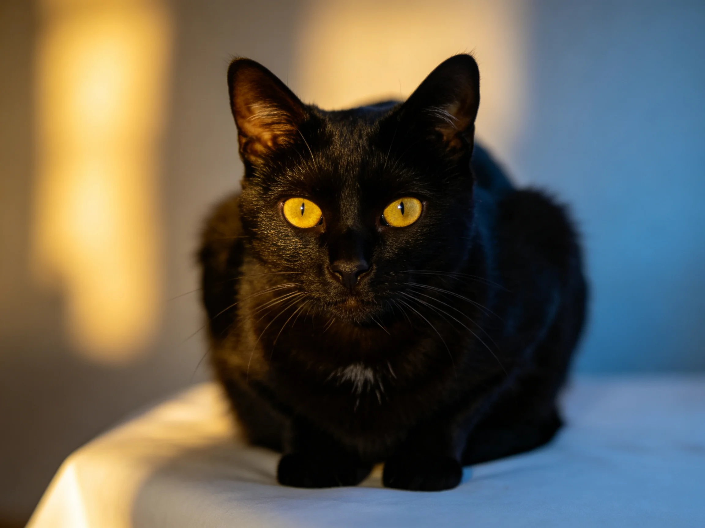 A black cat with yellow eyes sits on a white surface