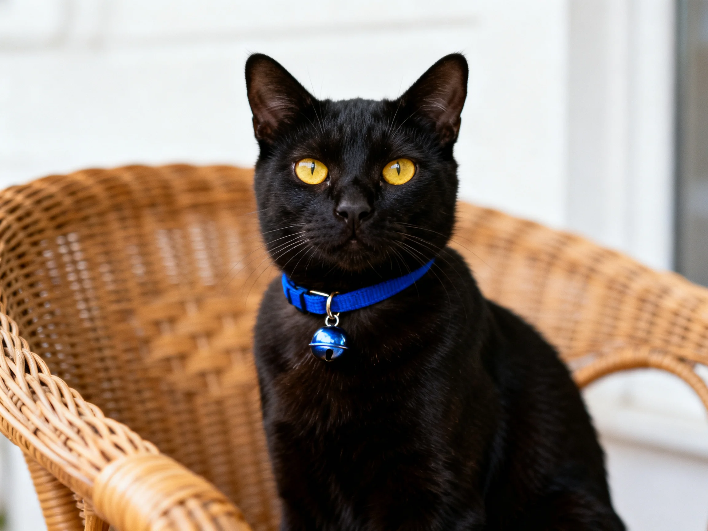 A black cat with yellow eyes sits on a wicker chair.