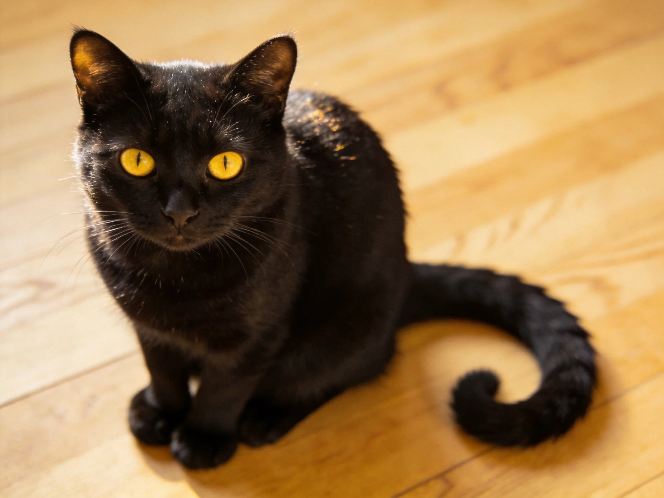 A black cat with yellow eyes rests on a wooden floor.