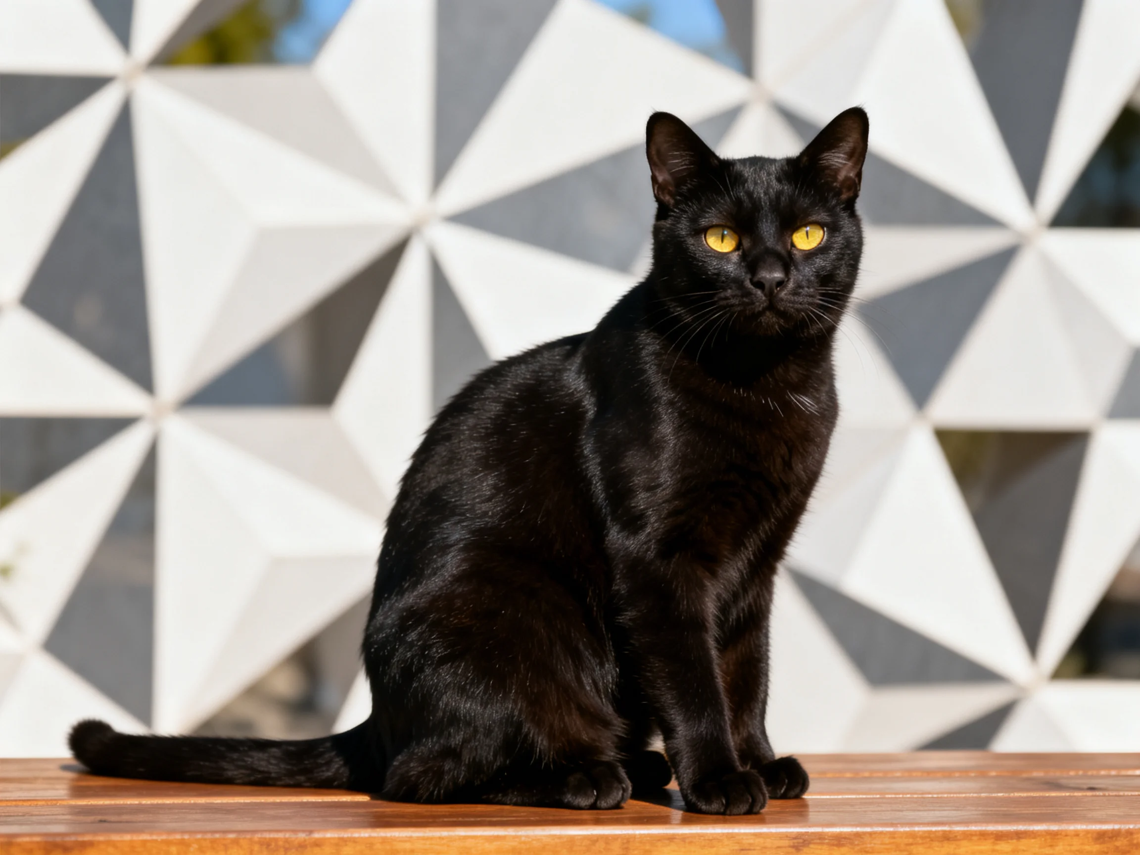 A sleek black cat with yellow eyes sits on a wooden surface beside a geometric-patterned wall.