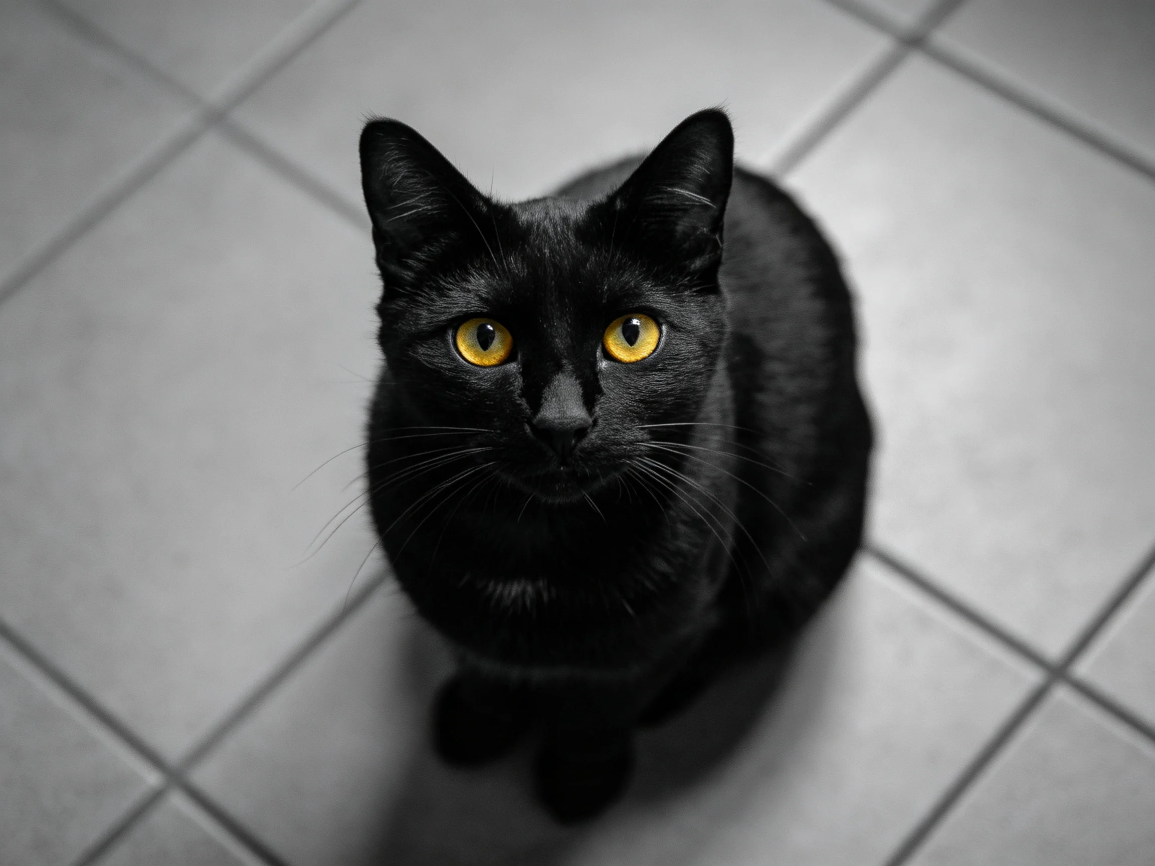 A black cat with striking yellow eyes sits on a tiled surface.