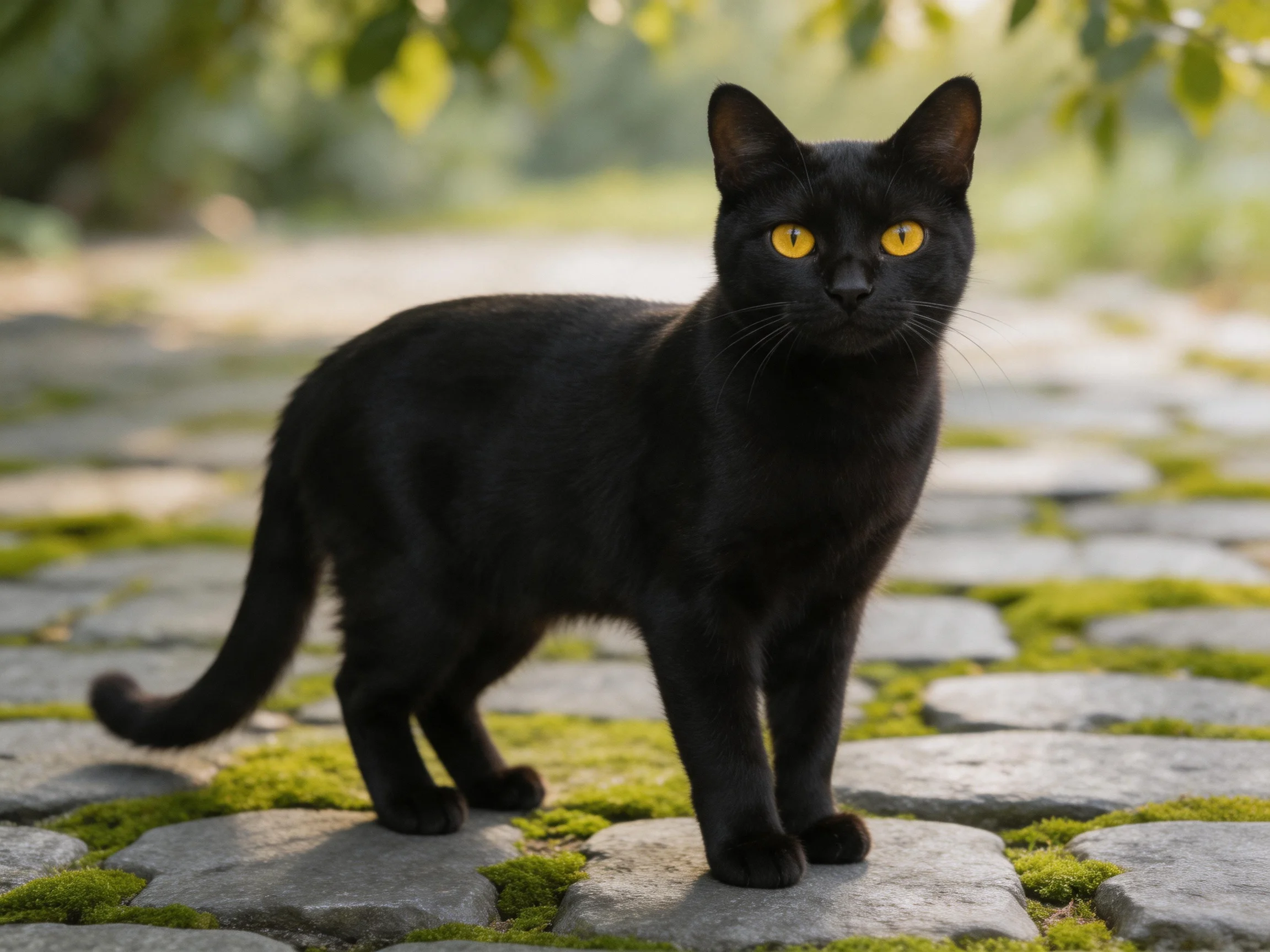 A black cat with yellow eyes stands on a mossy stone pathway.