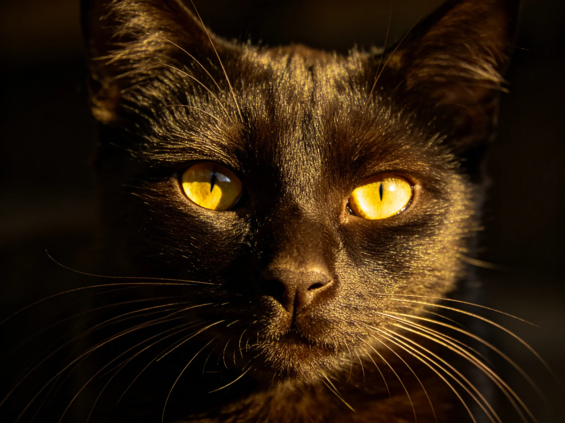 A close-up of a sleek black cat with striking yellow eyes against dark surroundings.