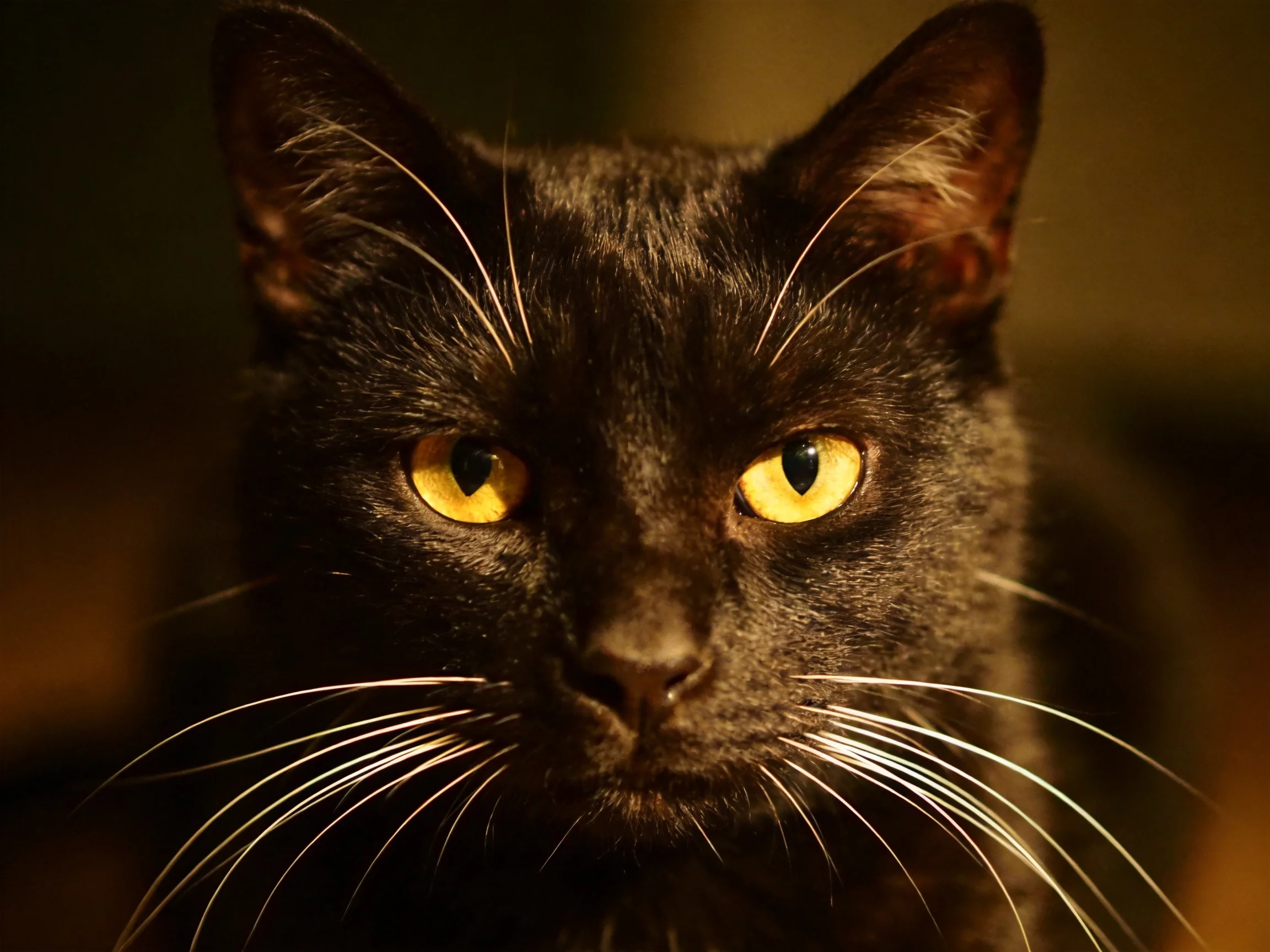 A sleek black cat with bright yellow eyes is highlighted by warm lighting.