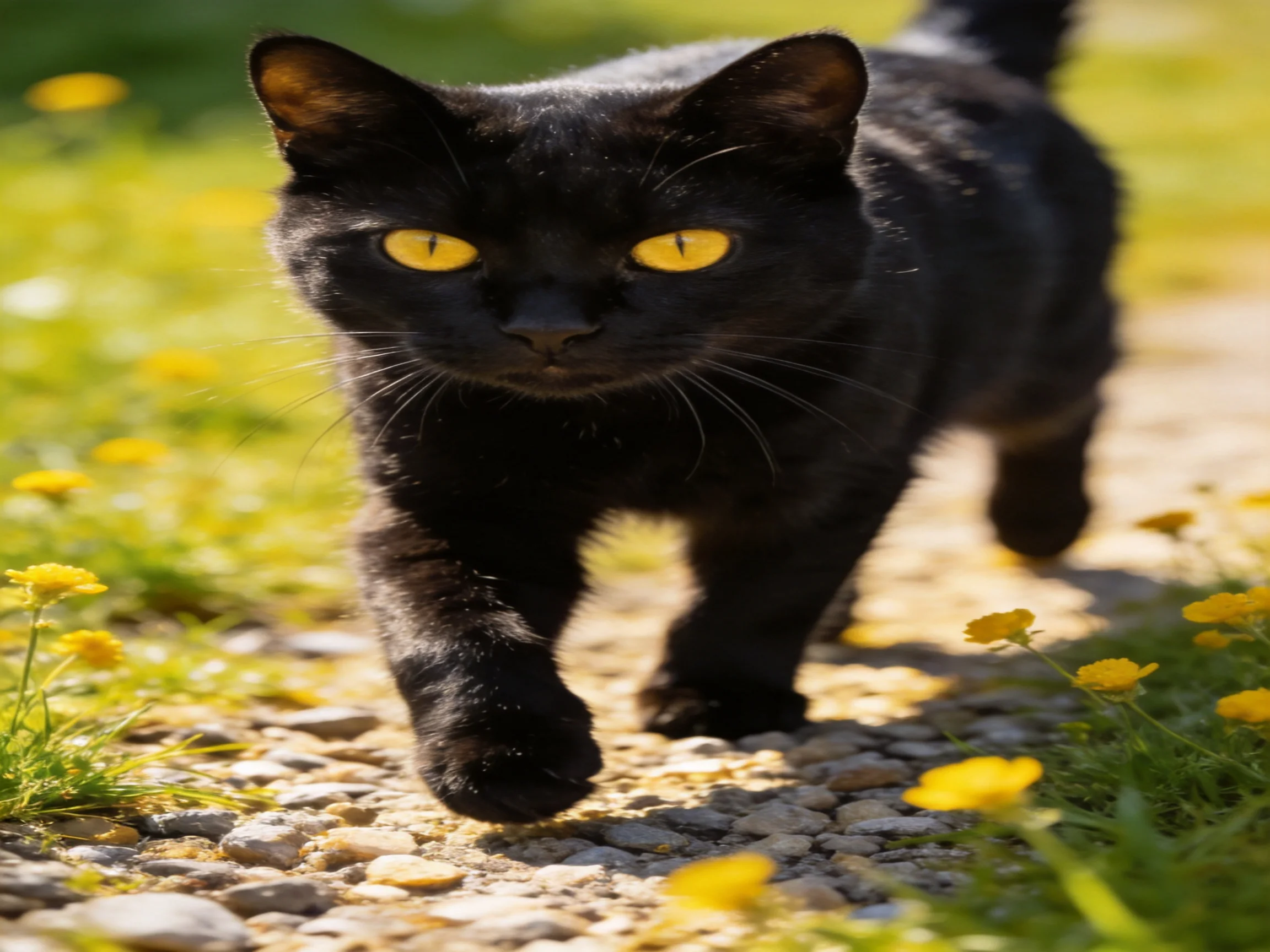 A black cat with yellow eyes walks on a gravel path near flowers.