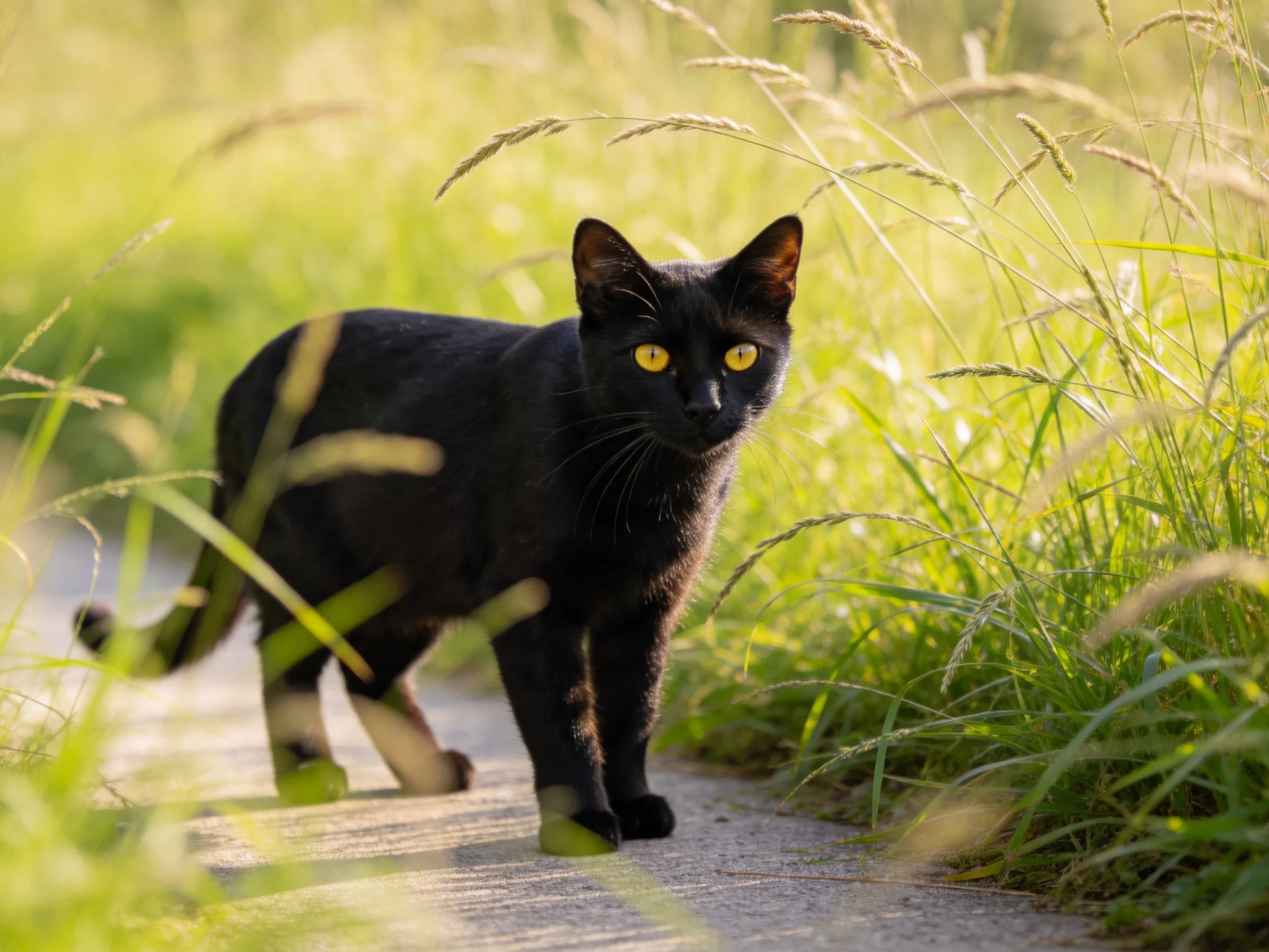 A sleek black cat with bright yellow eyes walks along a sunlit path near tall green grass.