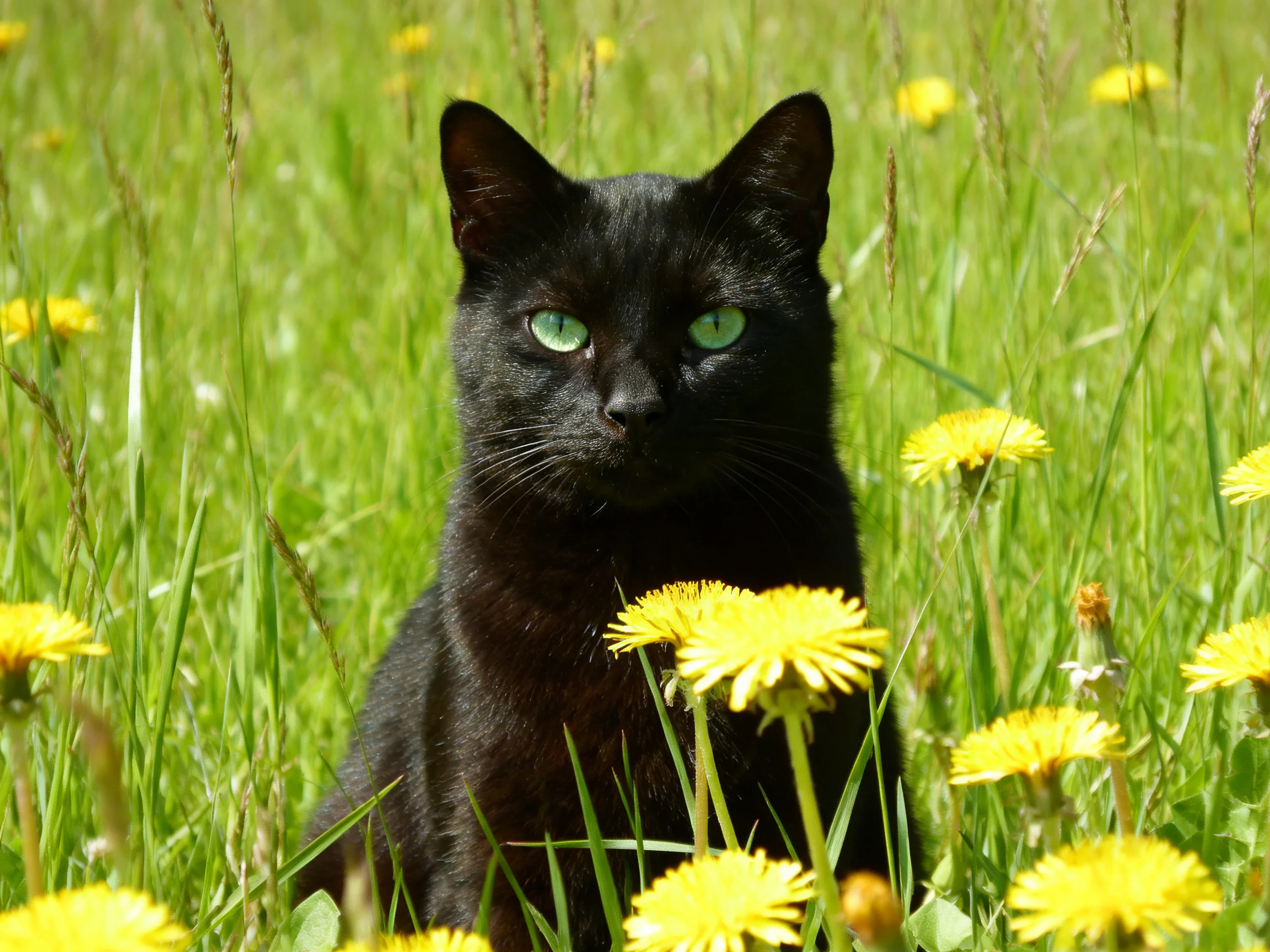 A sleek black cat with emerald eyes among bright yellow dandelions