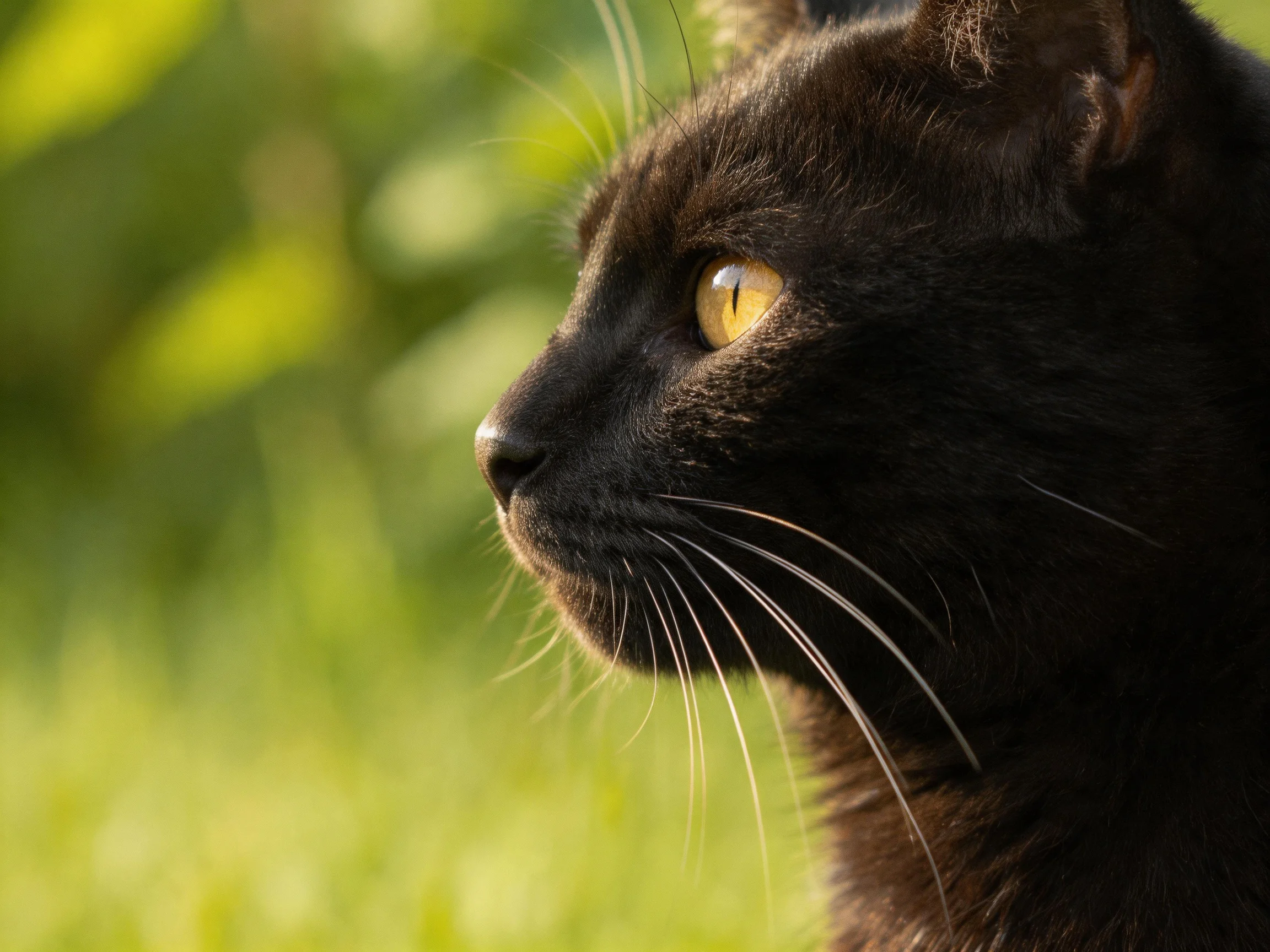 A close - up of a black cat with golden eyes against a blurred green background.