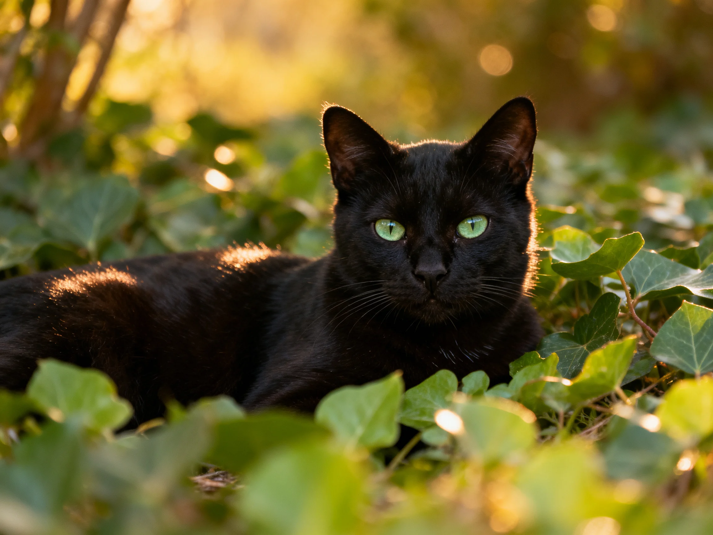 A black cat with green eyes relaxes in lush green surroundings