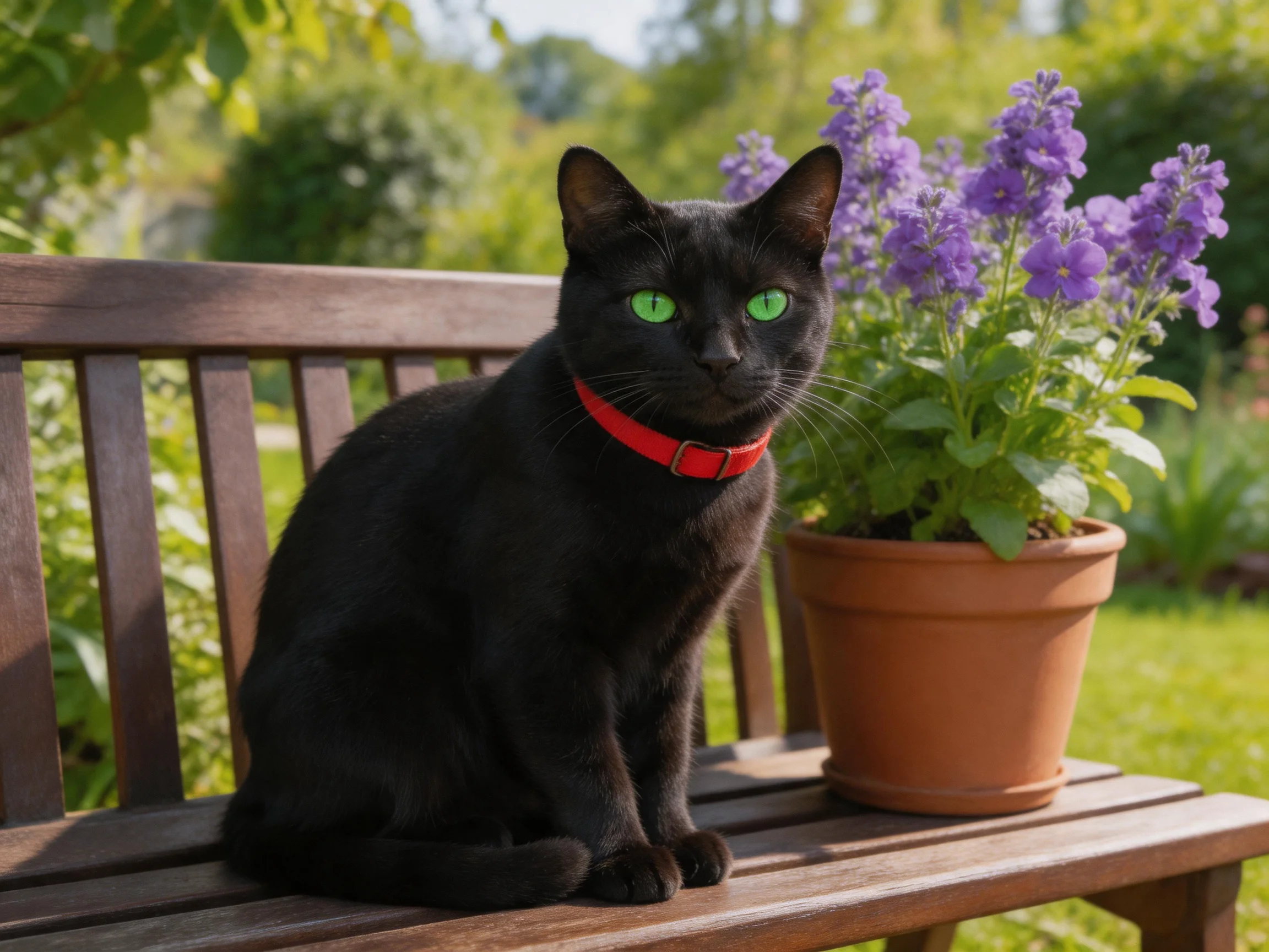 A black cat with green eyes sits on a wooden bench near potted purple flowers in a sunny garden.