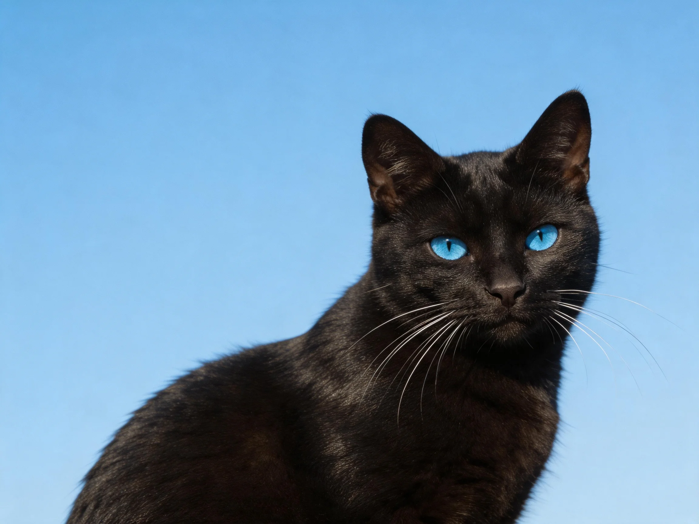 A sleek black cat with blue eyes gazes forward against a clear blue sky.
