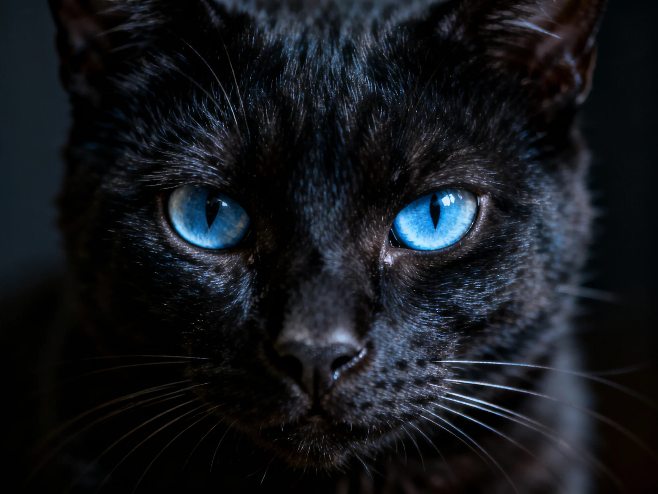 A sleek black cat with striking blue eyes in moody low-light