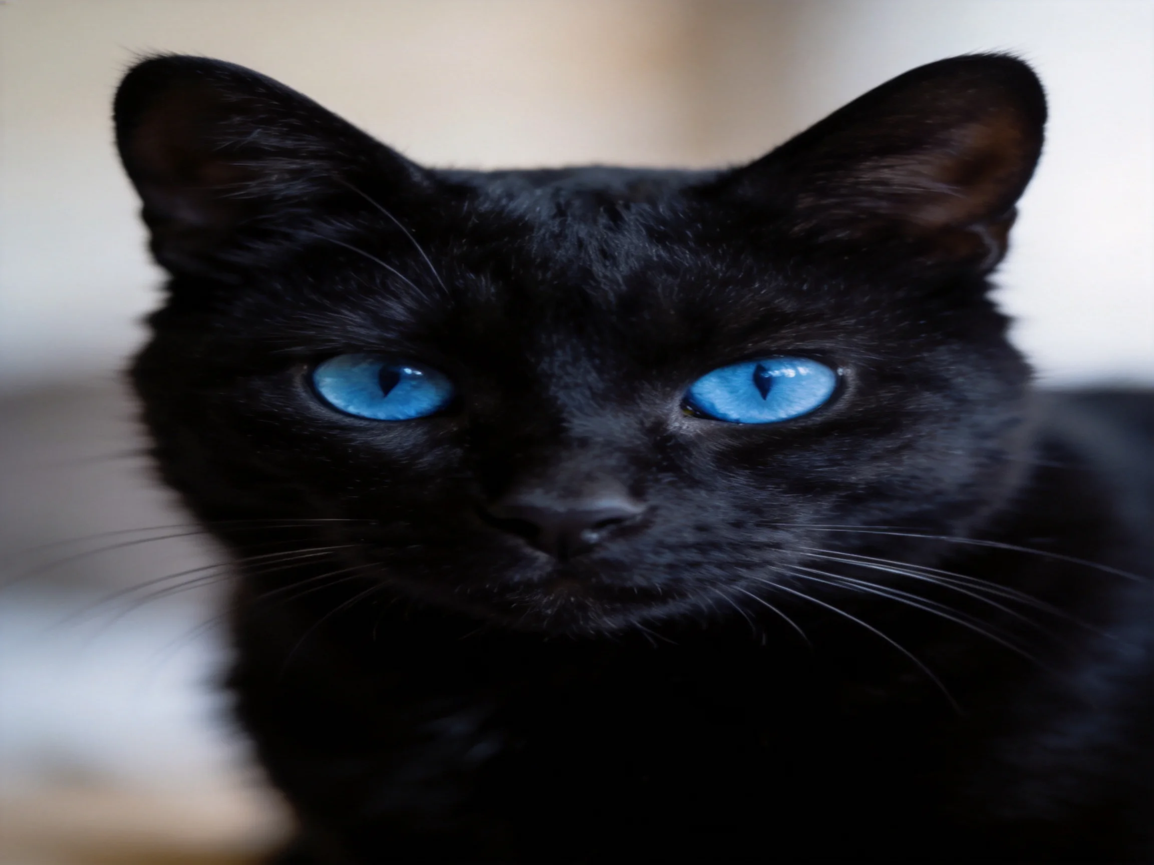 A sleek black cat with striking blue eyes in soft focus