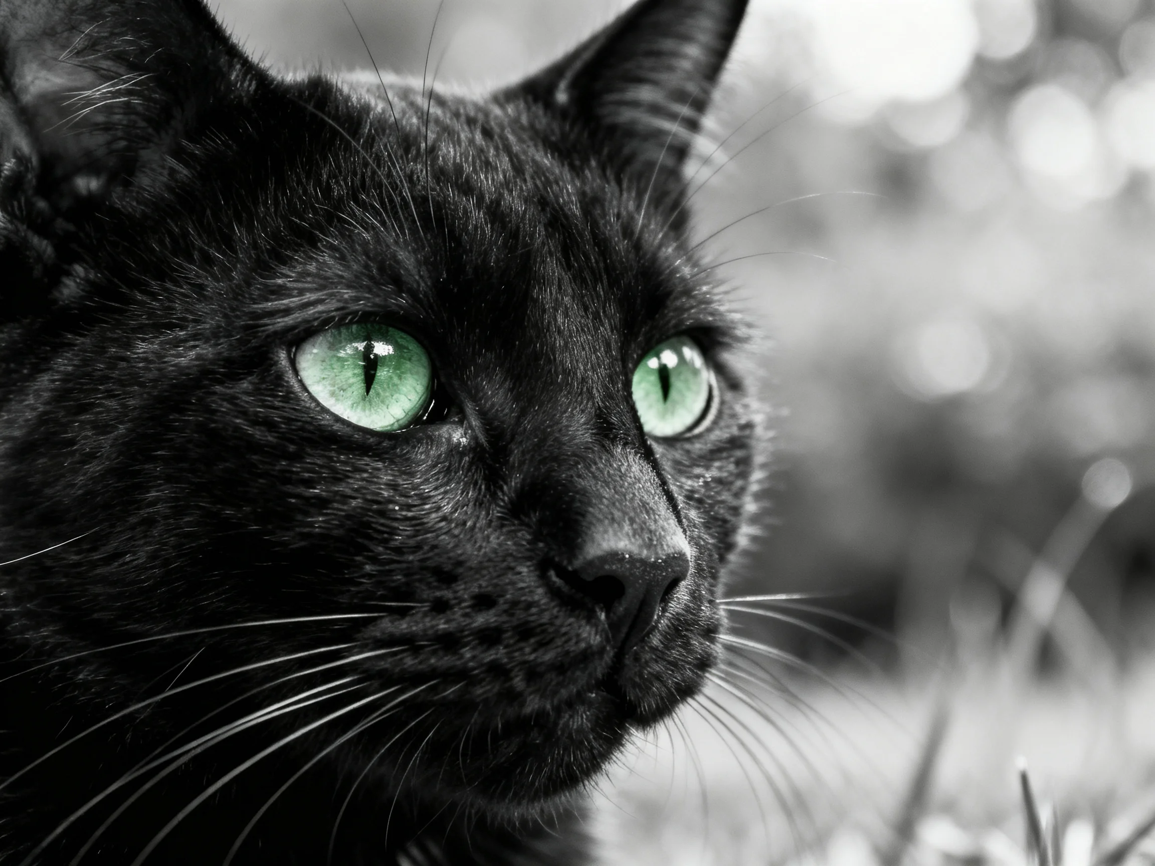 A black cat with vivid green eyes is highlighted against a blurred natural backdrop.