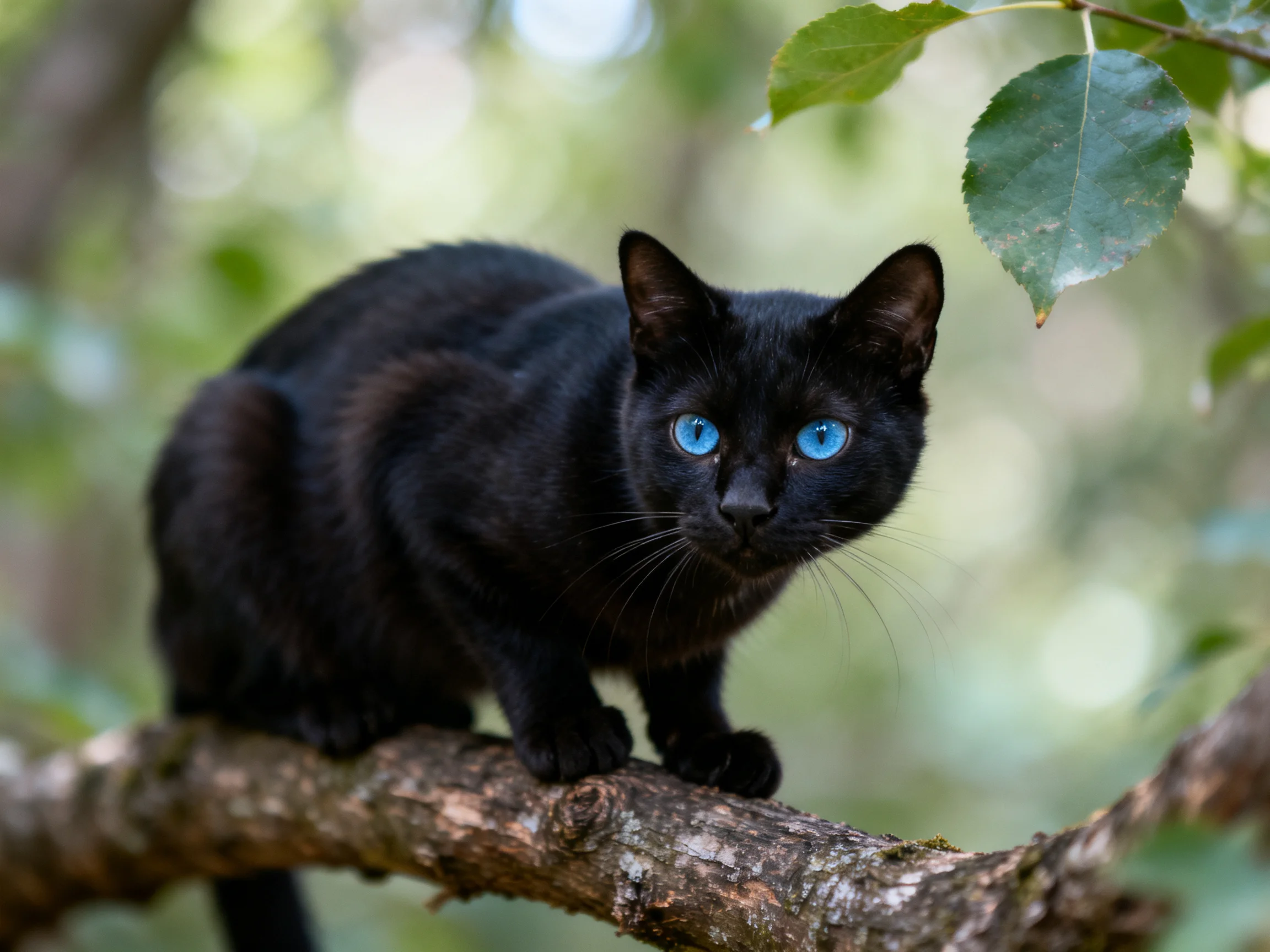 A sleek black cat with vivid blue eyes perched on a tree branch