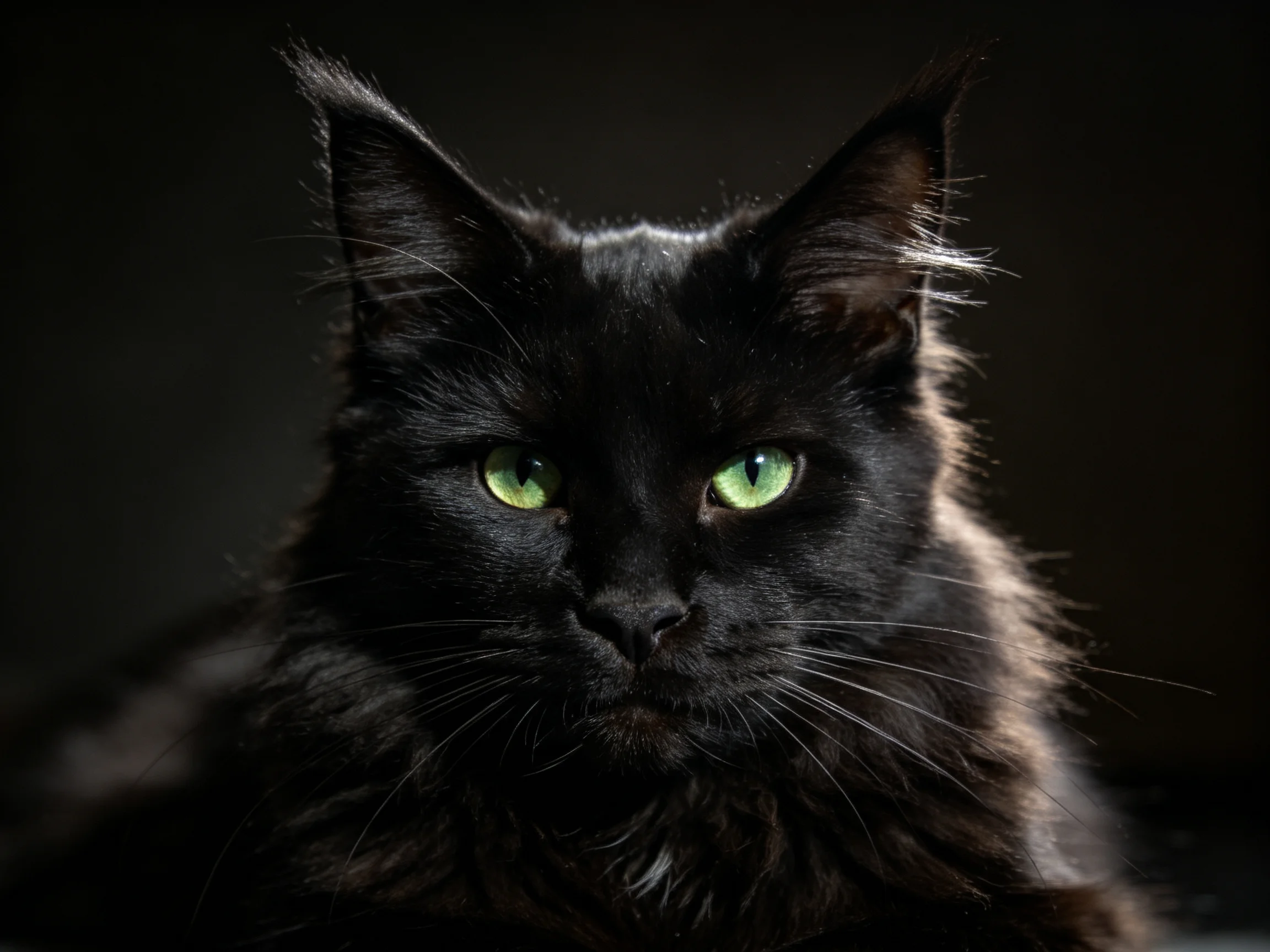 A black cat with bright green eyes gazes forward in a dimly lit environment.