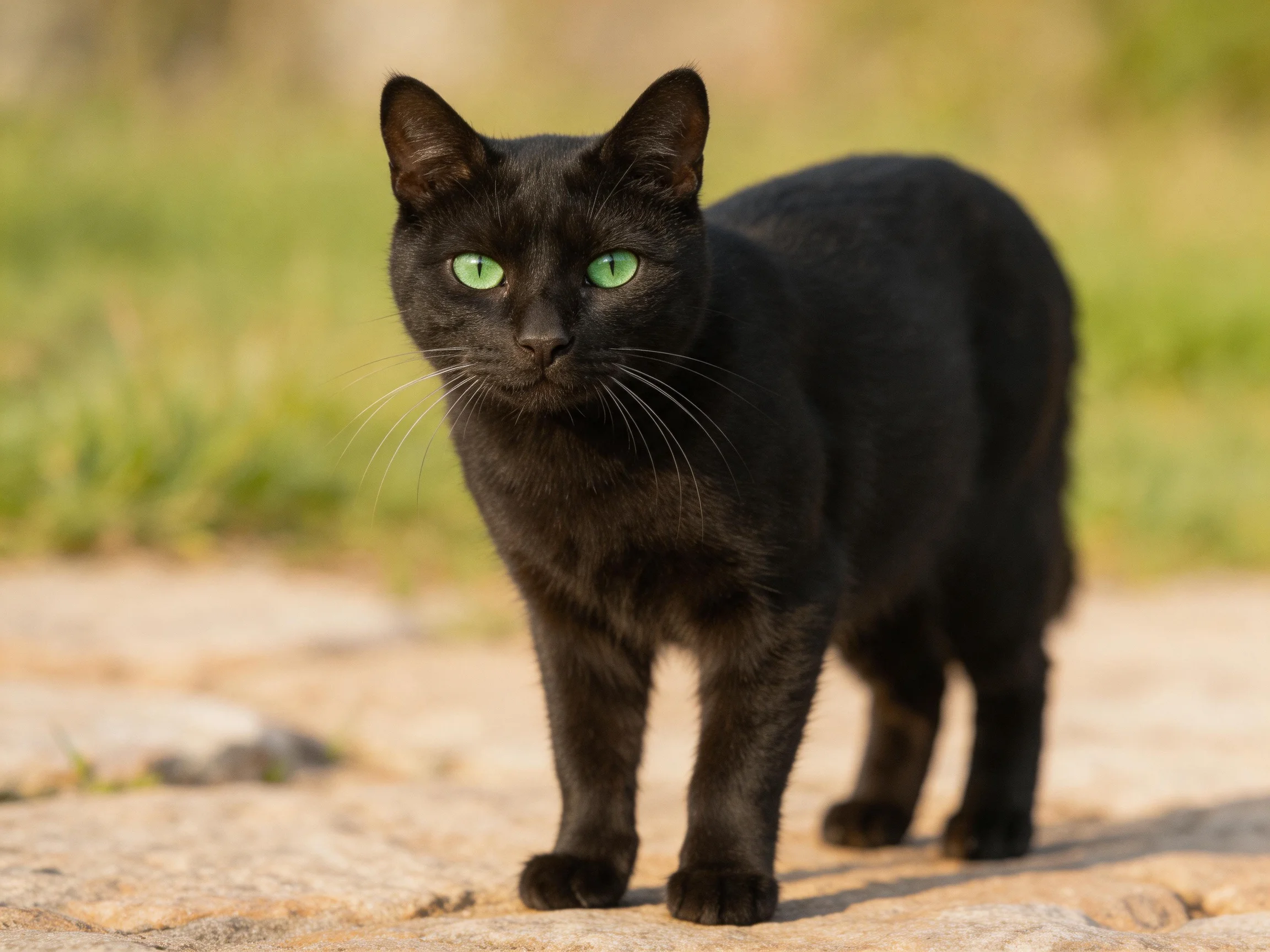 A sleek black cat with vivid green eyes on a stone path