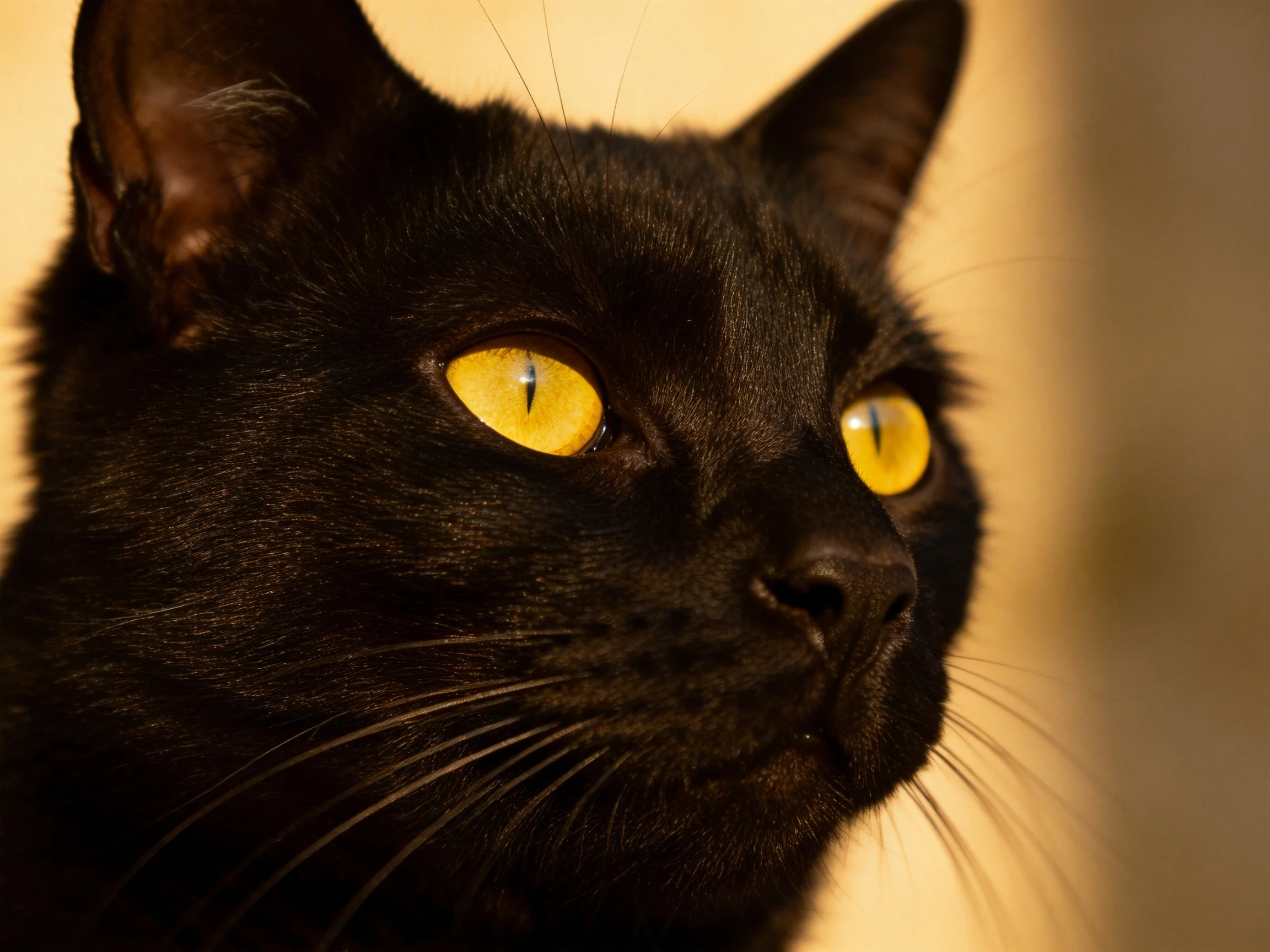 A sleek black cat with vivid yellow eyes against a warm-toned backdrop
