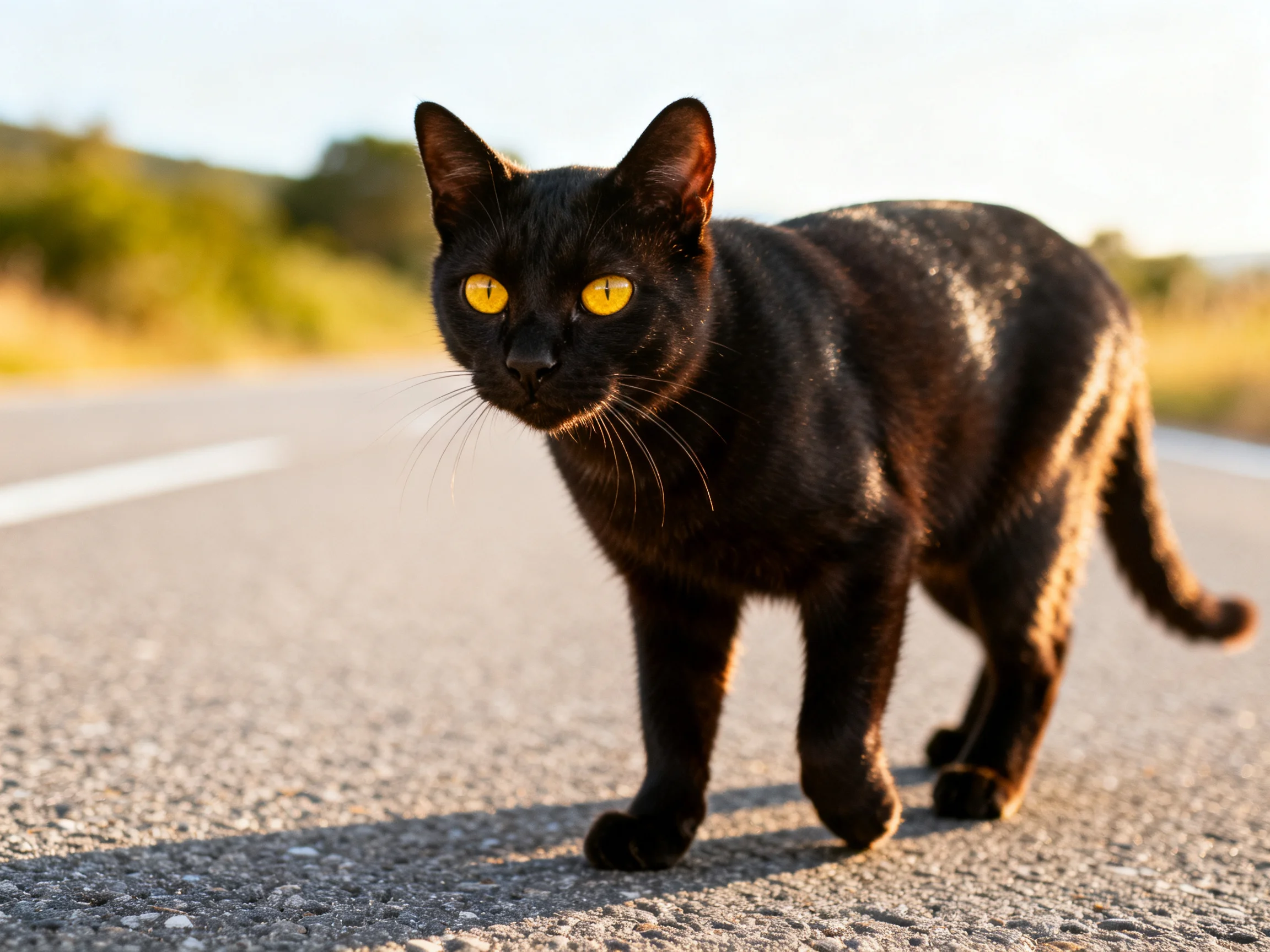 A black cat with yellow eyes walks on a sunlit paved road.