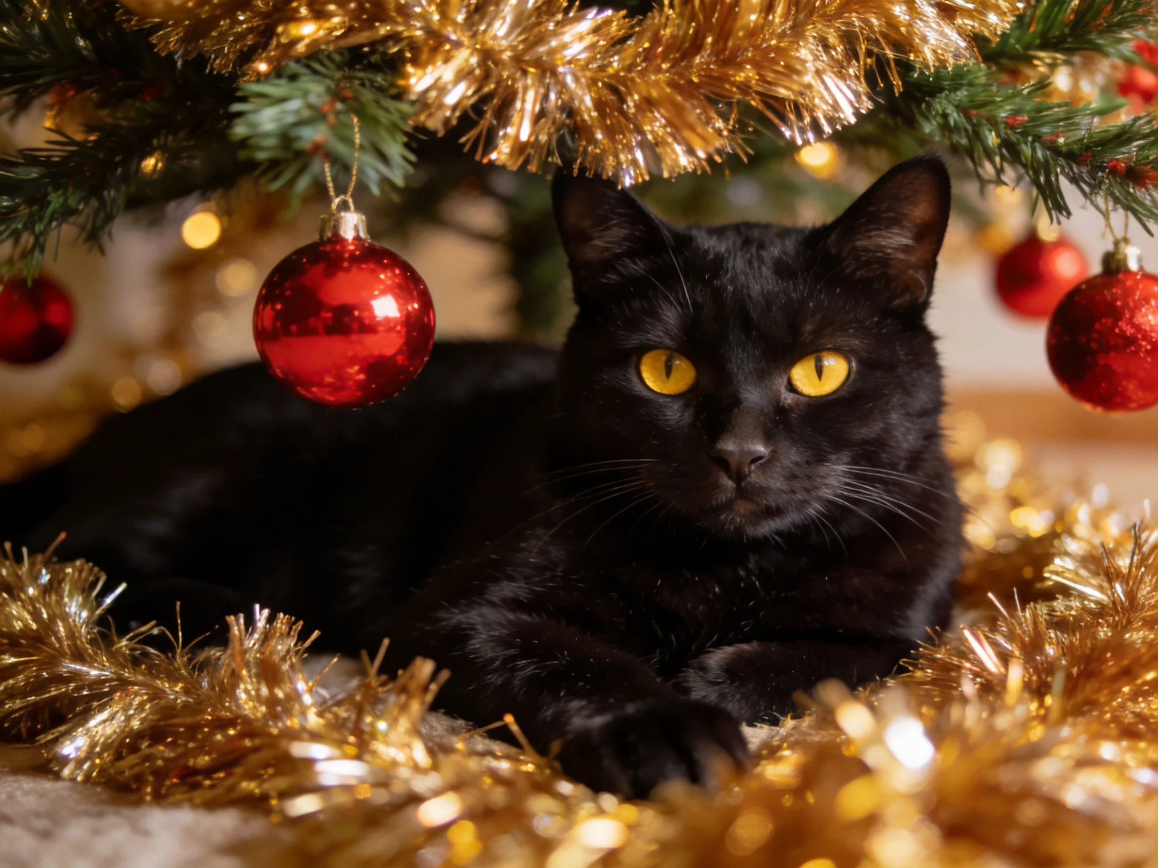 A sleek blackcat rests beneath a decorated Christmas tree with golden tinsel