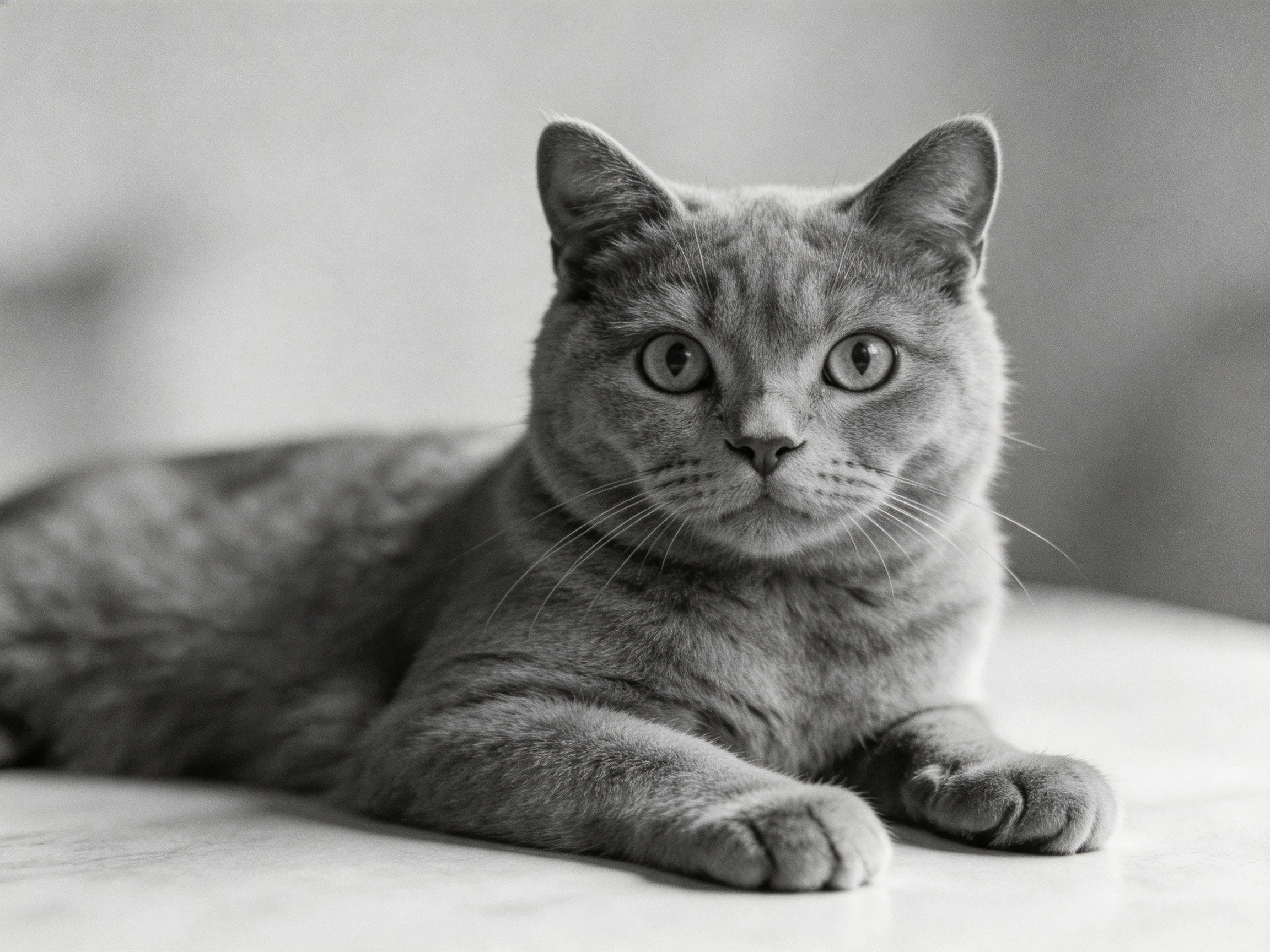 A sleek gray cat lounges with wide, attentive eyes on a smooth surface.