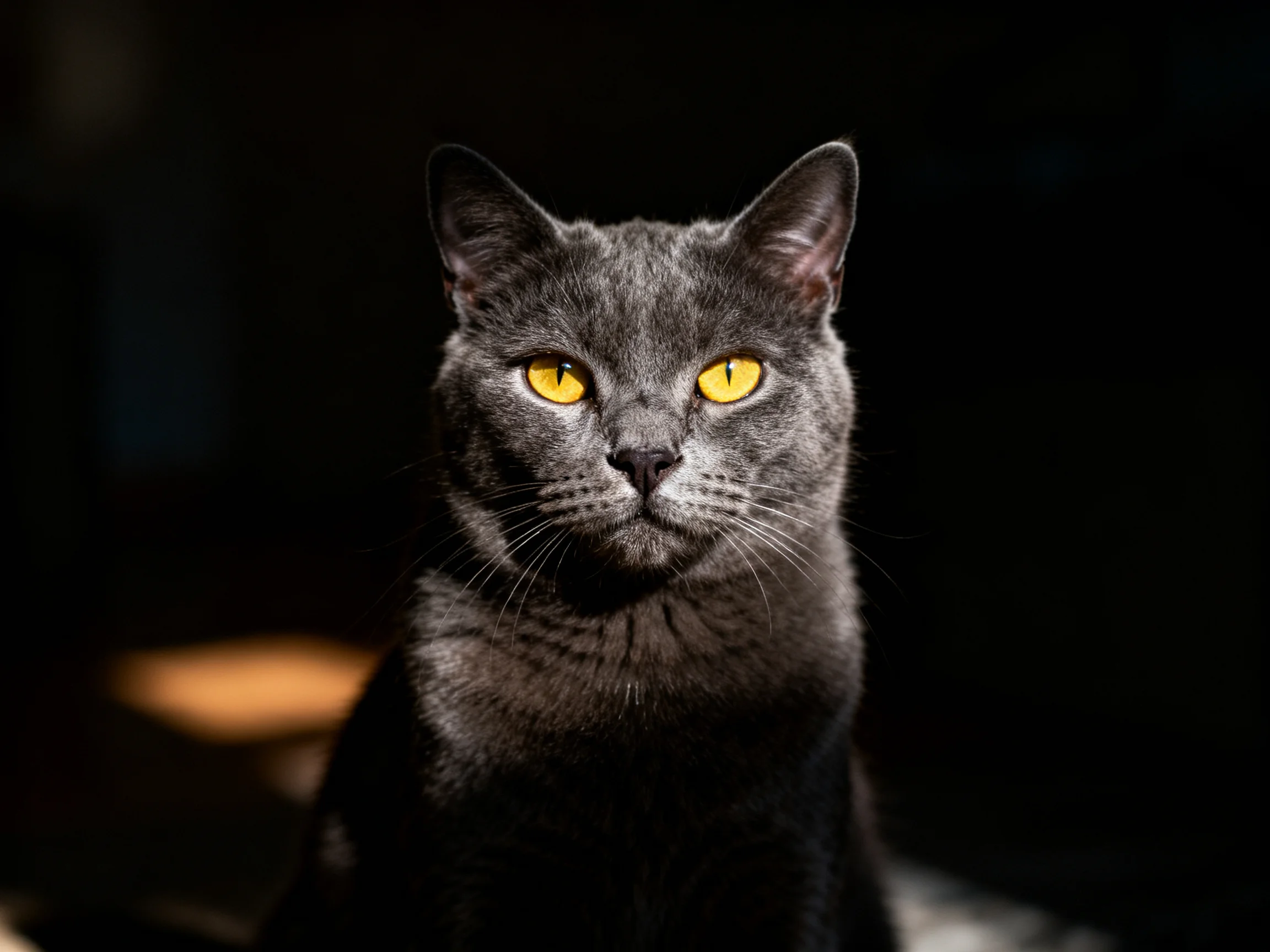 A sleek gray cat with bright yellow eyes against a dark backdrop