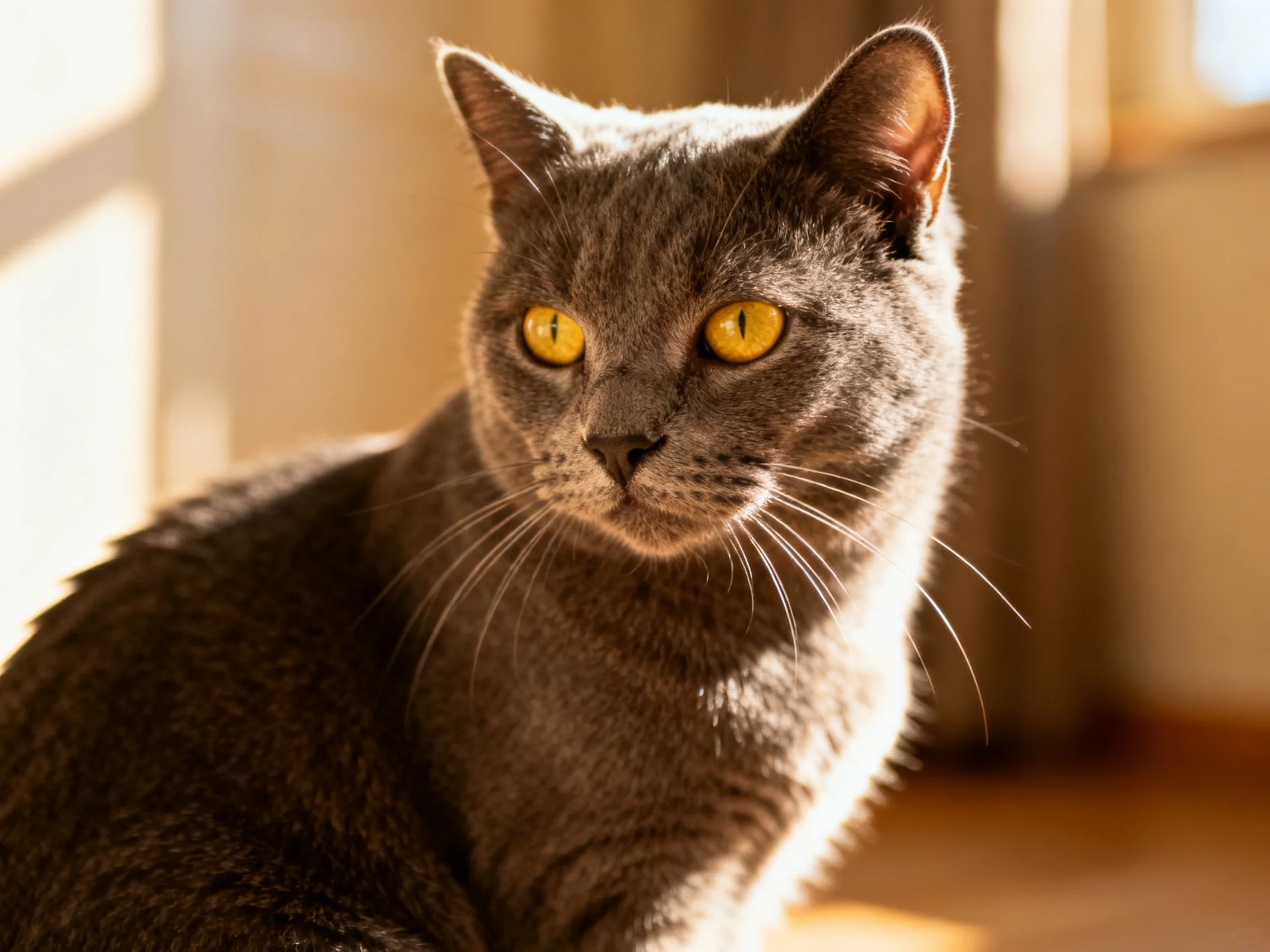 A sleek gray cat with bright yellow eyes sits in warm sunlight