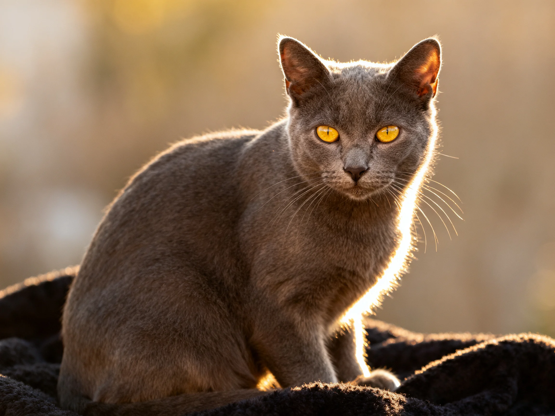 A gray cat with yellow eyes sits calmly on dark fabric in soft lighting.