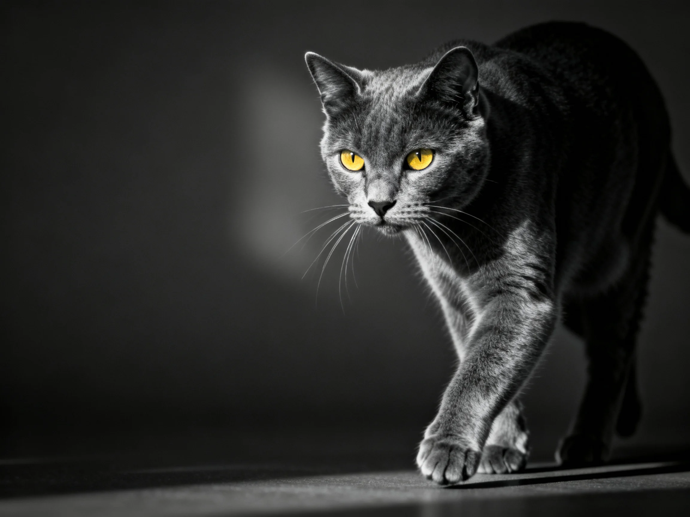 A sleek gray cat with bright yellow eyes moves forward in dim lighting.