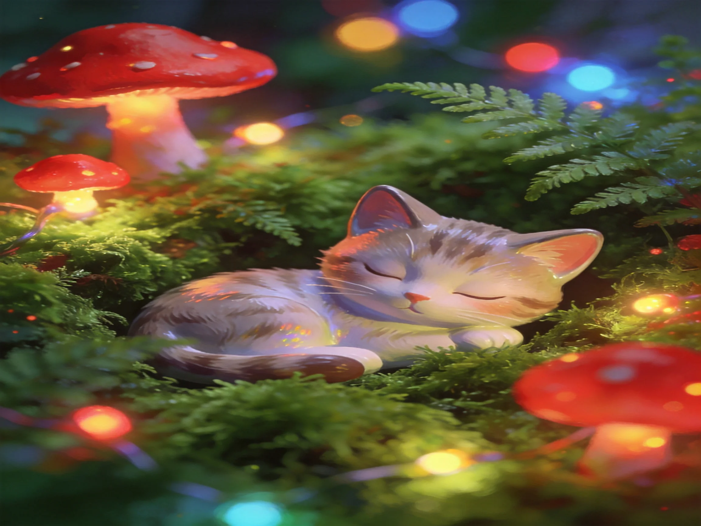 A sleeping cat rests among red mushrooms and glowing string lights