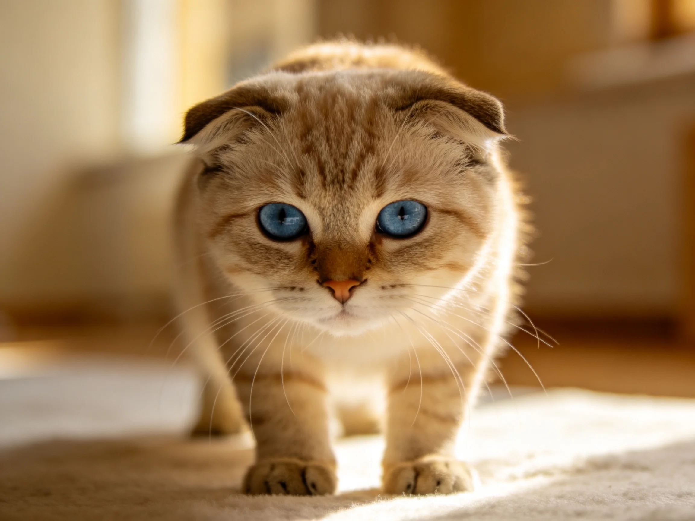 A small Scottish Fold kitten with bright blue eyes walking indoors