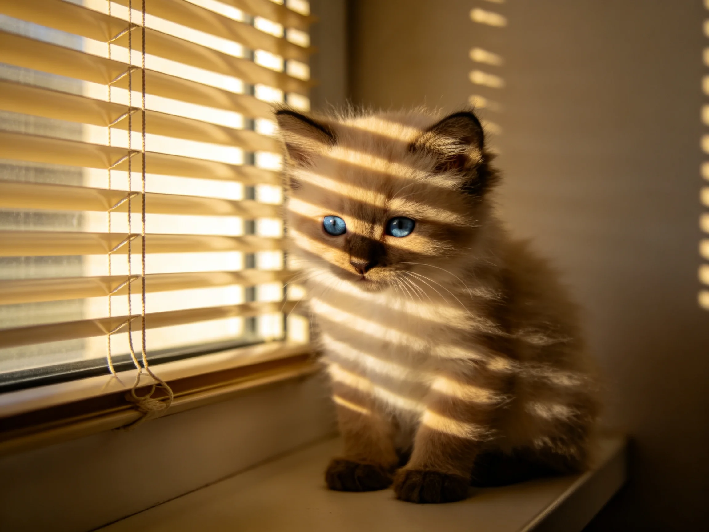 A small Siamese kitten with blue eyes sits near window blinds in soft light.