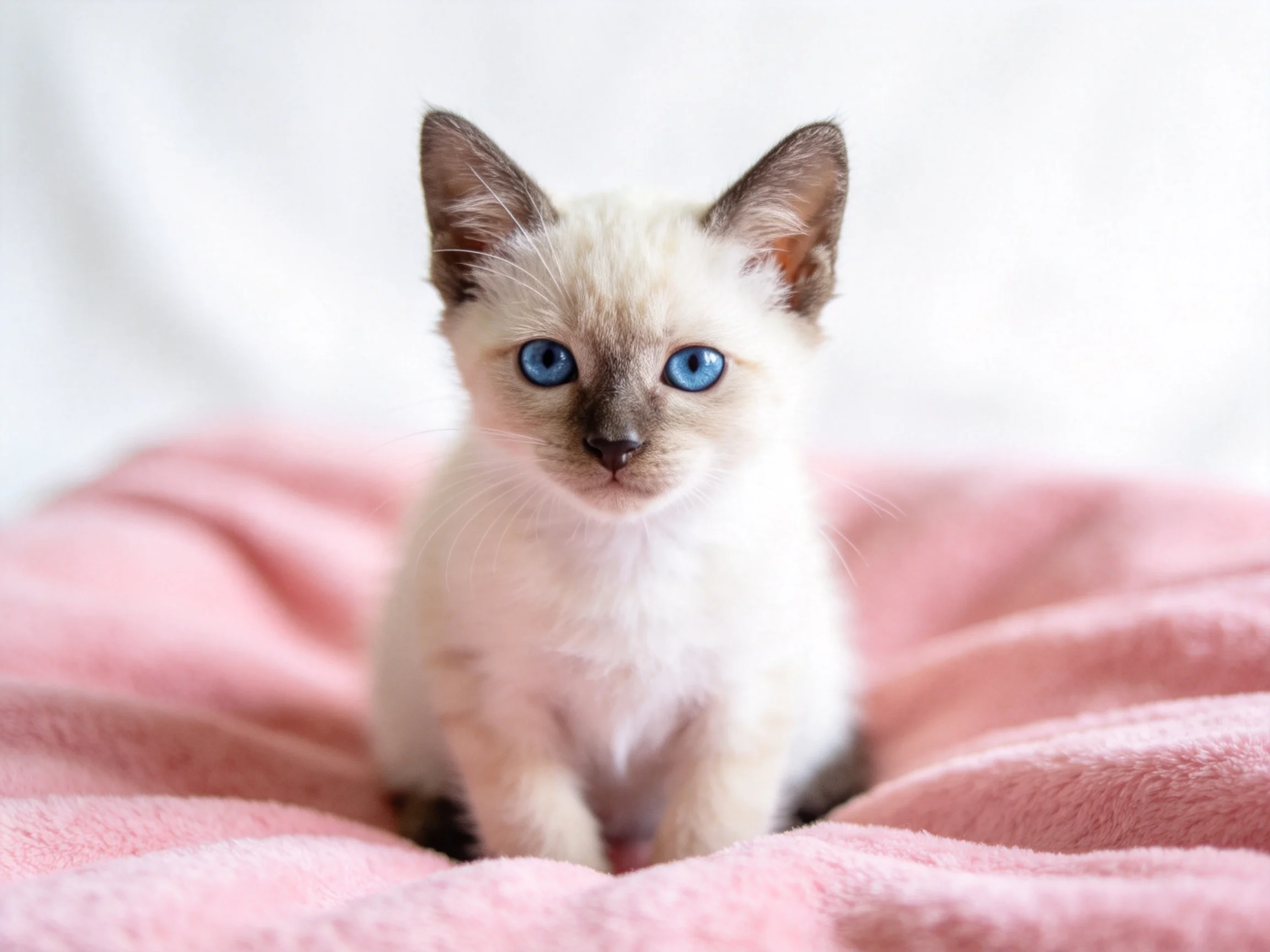 A small Siamese kitten with blue eyes sits calmly on a plush pink blanket.