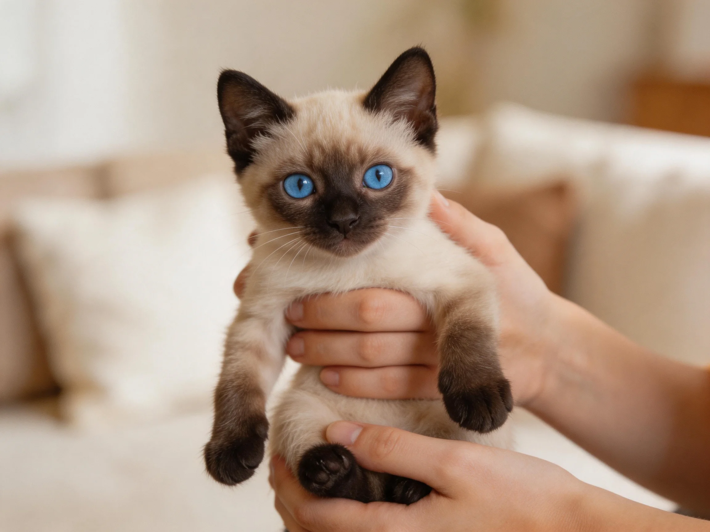 A small Siamese kitten with bright blue eyes is held in human hands.