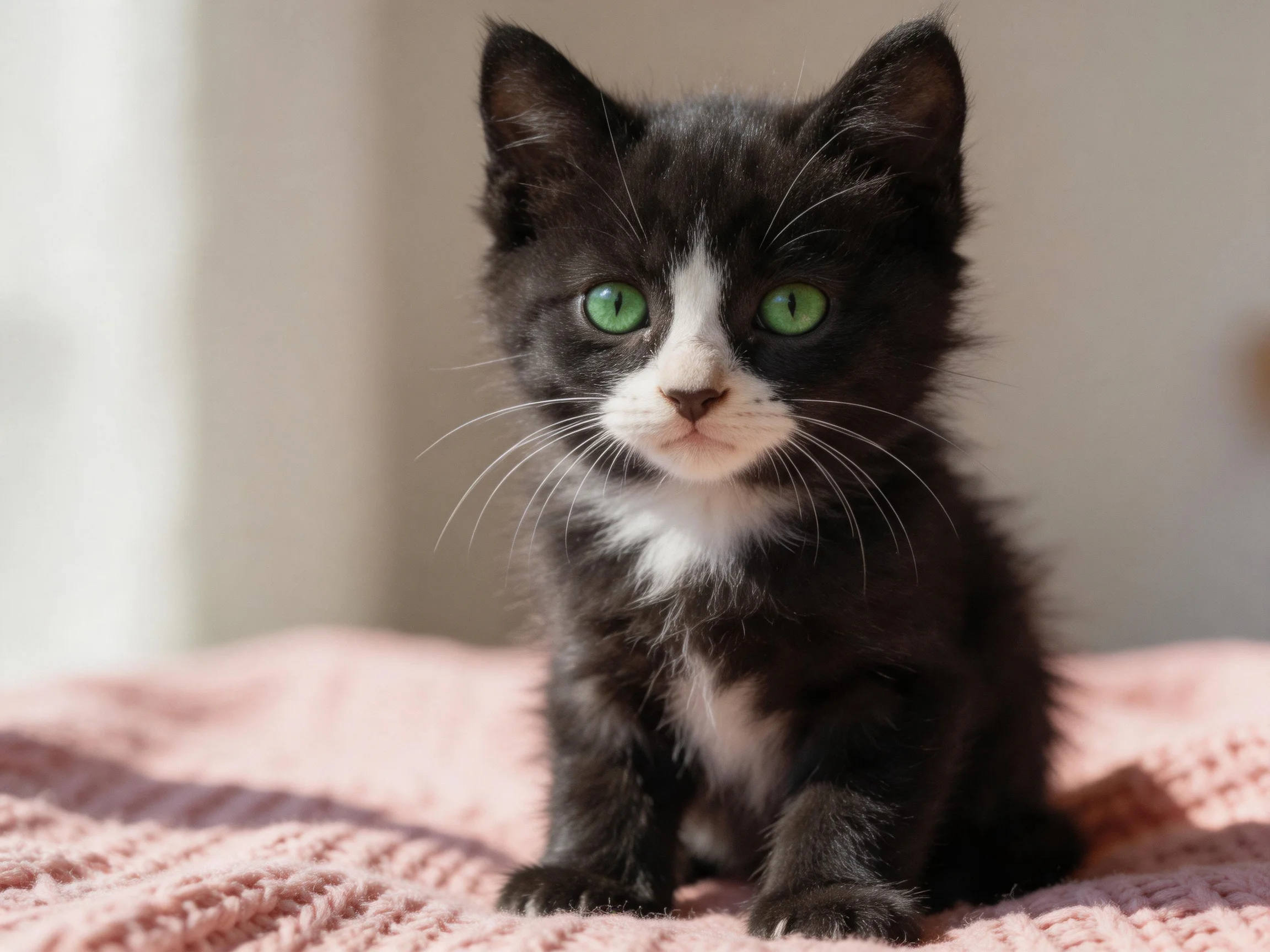 A small black and white kitten with green eyes sits calmly on a pink blanket