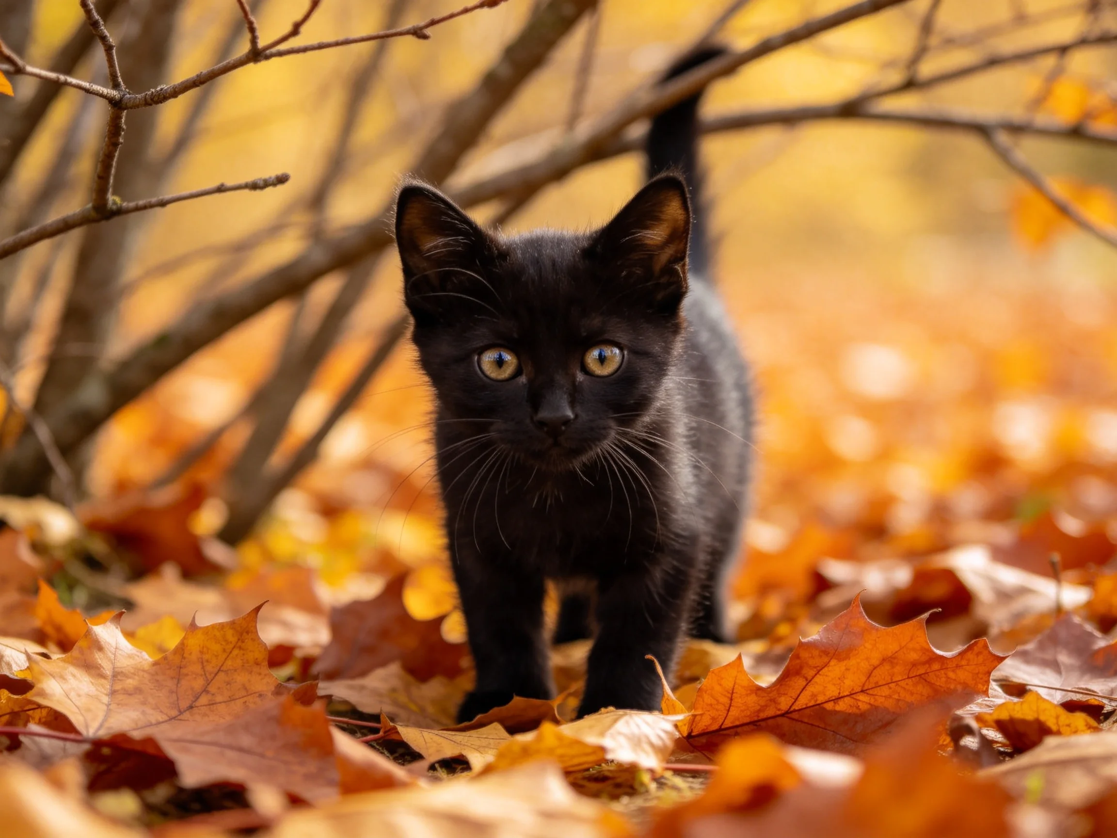 A black kitten explores autumn leaves near tree branches